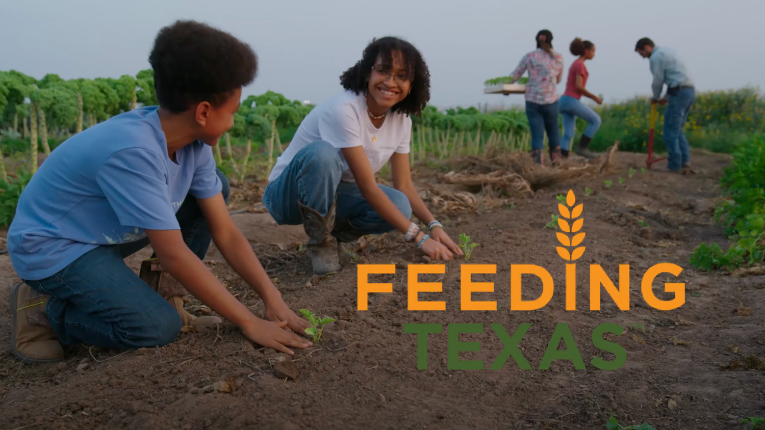 Feeding Texas campaign artwork featuring people working in a field