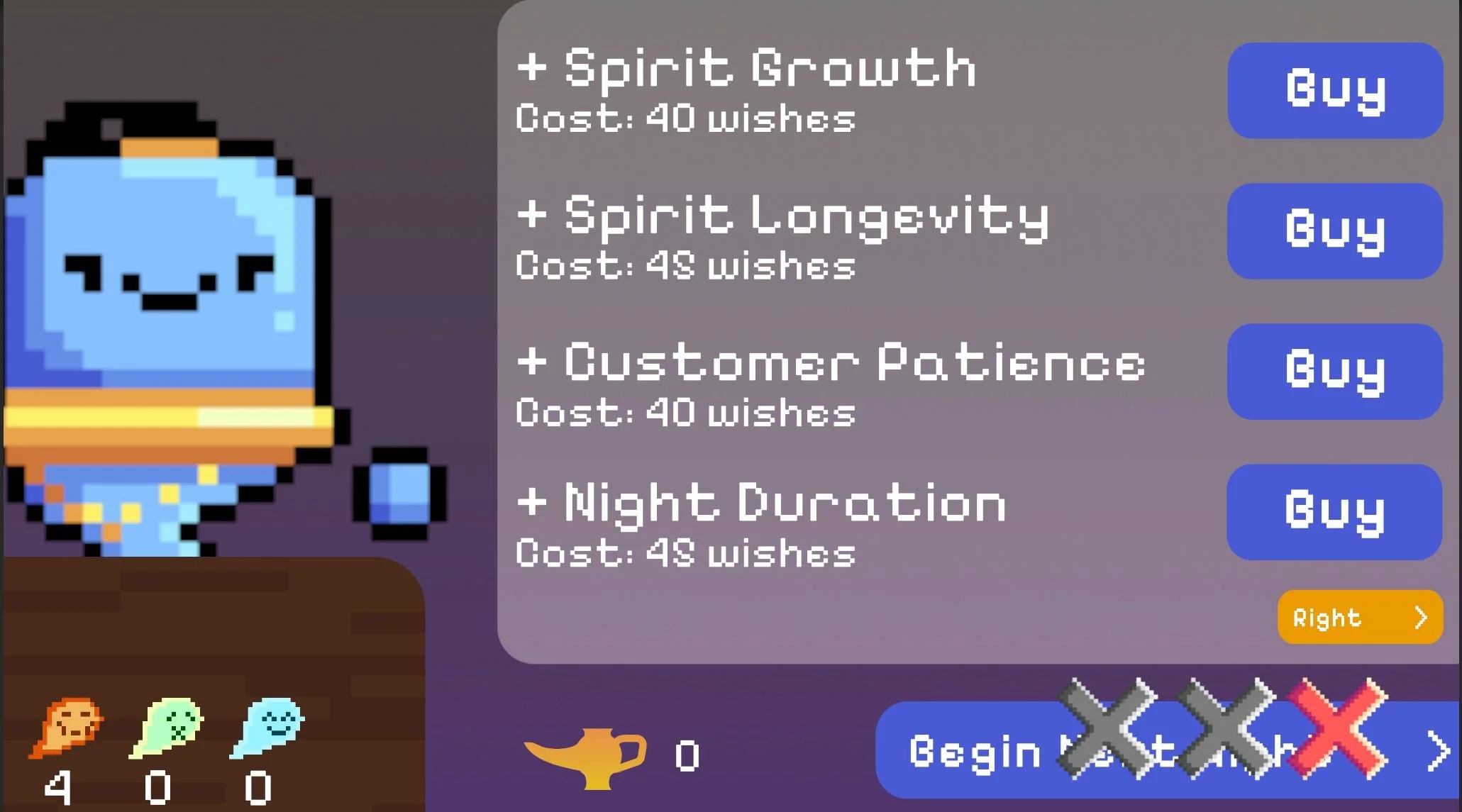 The menu for level ups, based on wishes gained through the night