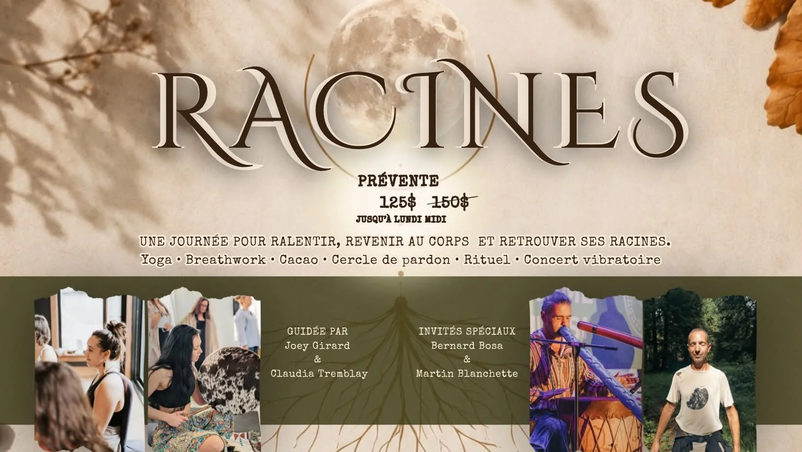 Bannière RACINES — retraite immersive du 24 octobre 2026 avec Joey Girard, Claudia Tremblay, Bernard Bosa et Martin Blanchette.