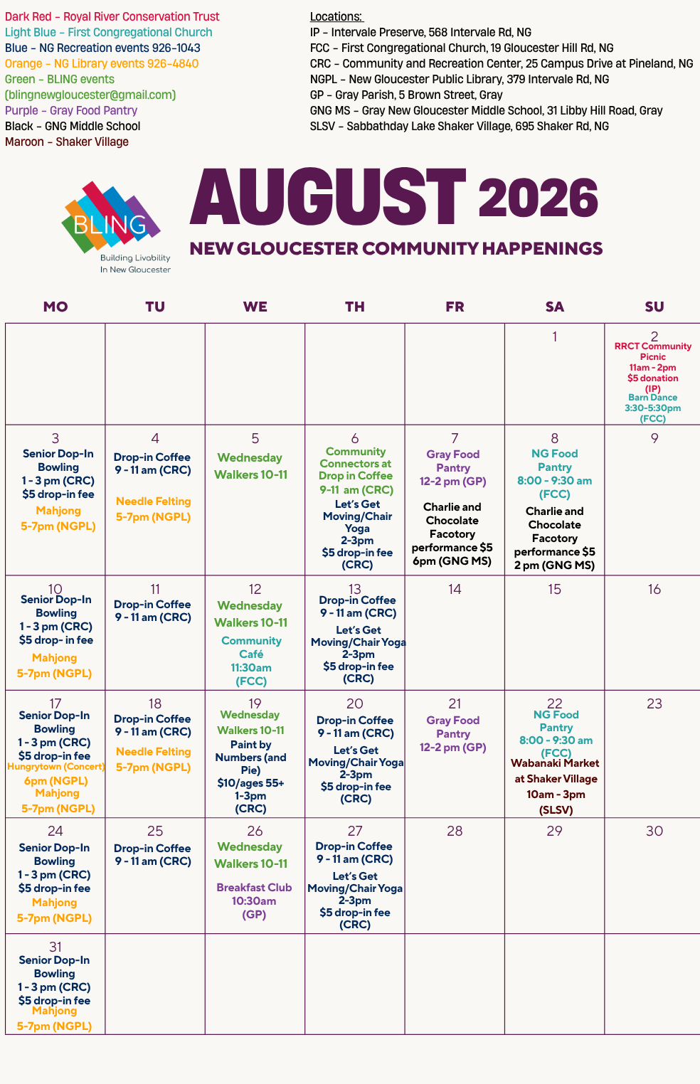 August 2026 BLING Calendar