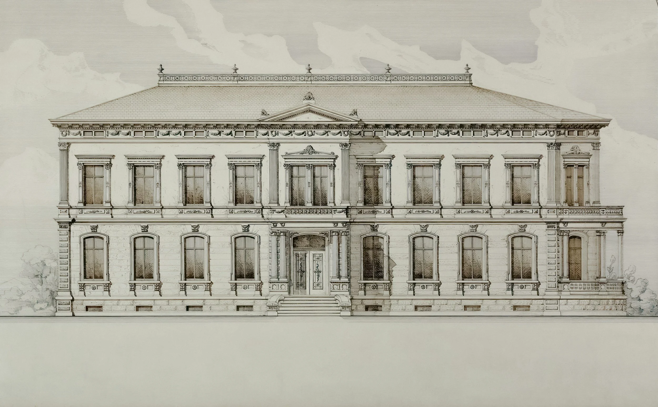 A hand drawn elevation of a Georgian manor house.