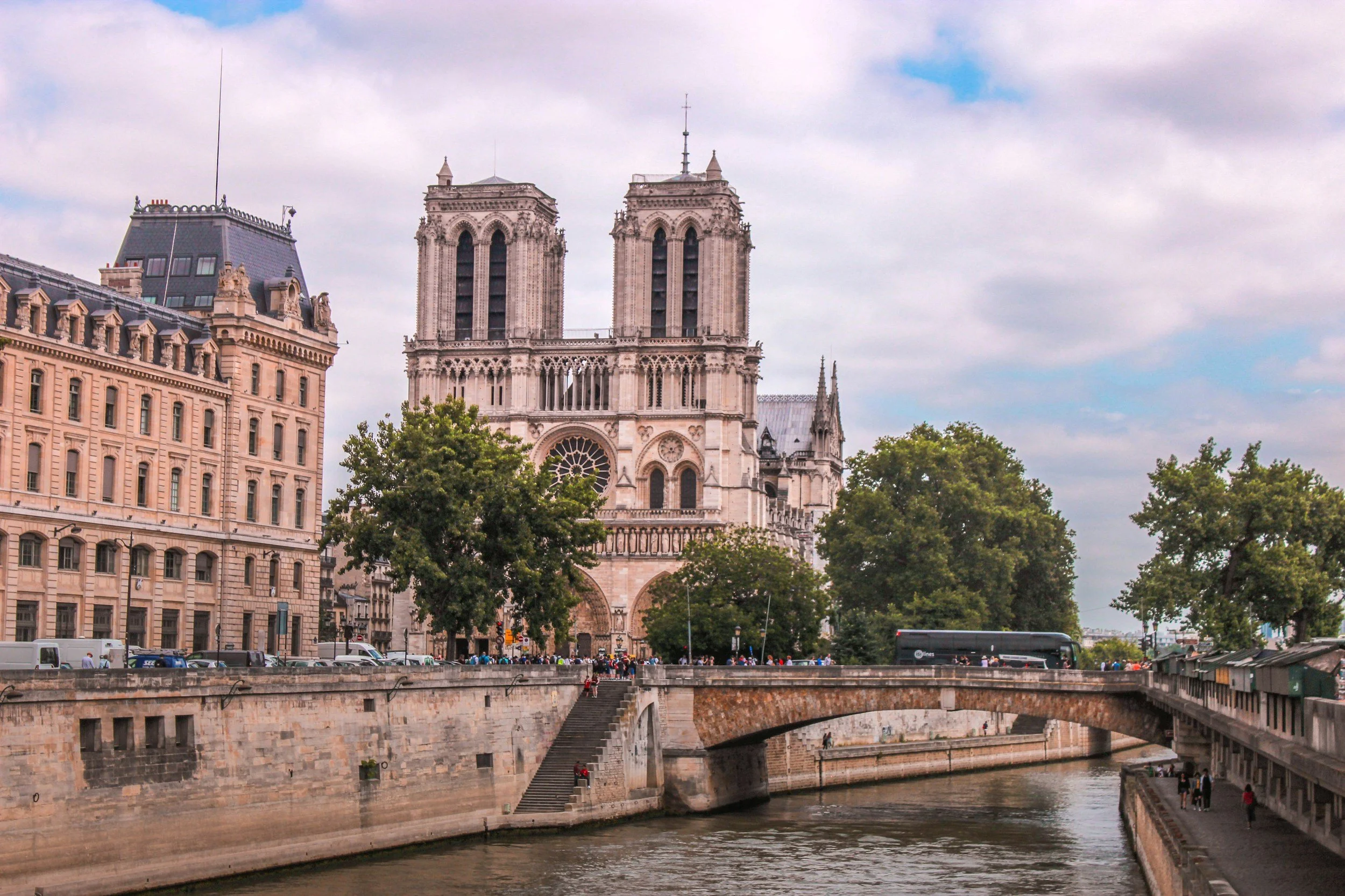 A pink and blue sky over Notre Dame Cathedral.
