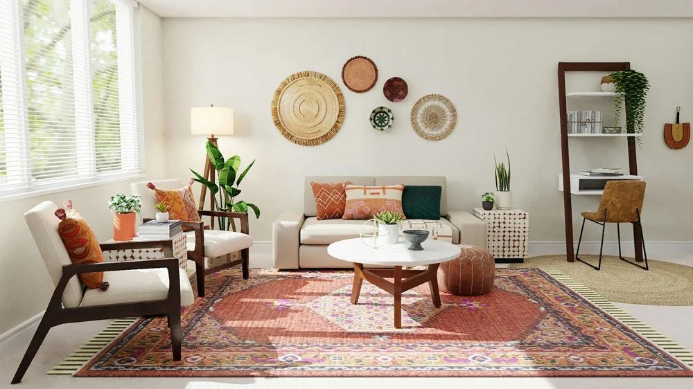 Soaf and decorative art in interior designed lounge.