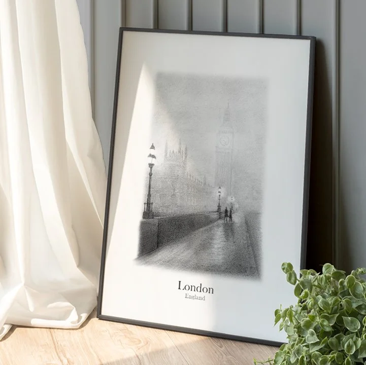 A timeless wall art hand drawn picture of Big Ben on a misty evening.