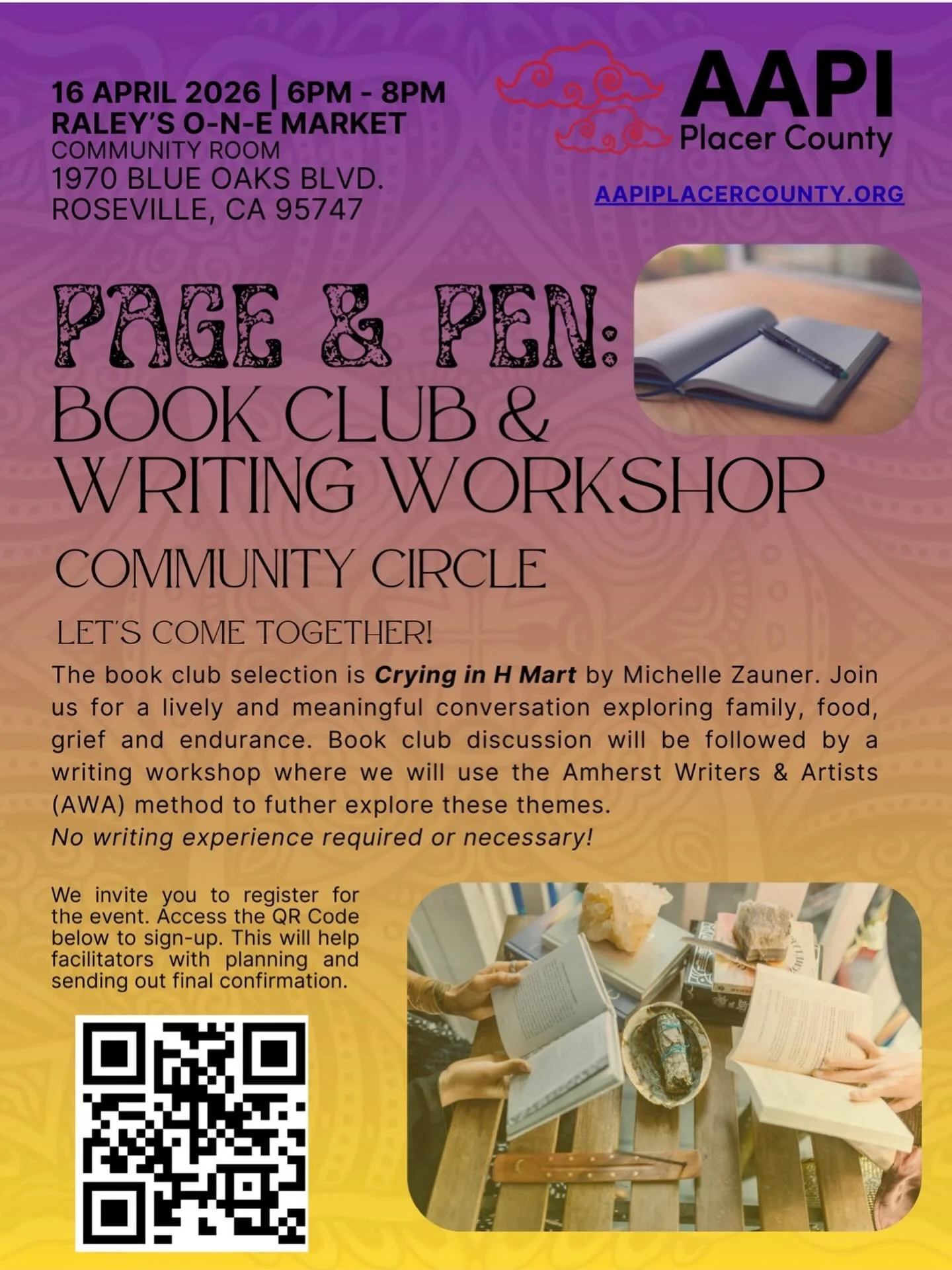 Our book club and writing workshop community circle is a week away! Thank you to those who have signed up.  If you haven&rsquo;t signed up yet, please do so by using the QR code on the flyer or sending us a dm.

We will be discussing Crying in H Mart