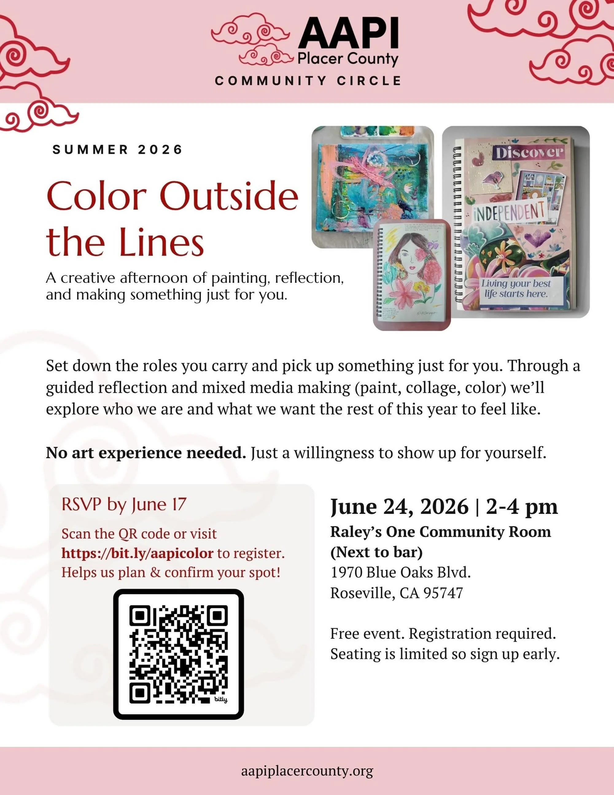 🎨✨ This summer, give yourself permission to create just for *you*.

Join us for **Color Outside the Lines** &mdash; a free creative afternoon of painting, reflection, and mixed media making hosted by the AAPI Placer County Community Circle. No art e