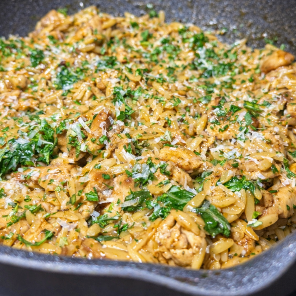 Finished chicken lemon orzo one pot dish