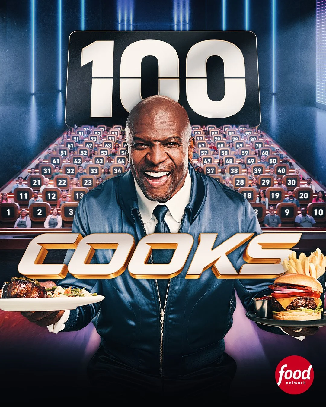 All 100 home cook competitors in the arena on Food Network's 100 Cooks Season 1