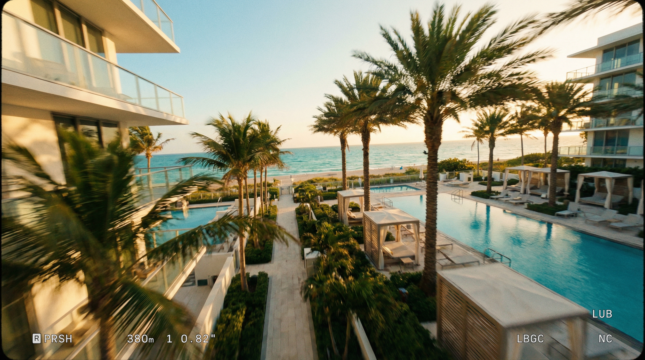 FPV drone camera viewfinder capturing resort pool deck with palm trees and ocean view at a South Florida beachfront hotel
