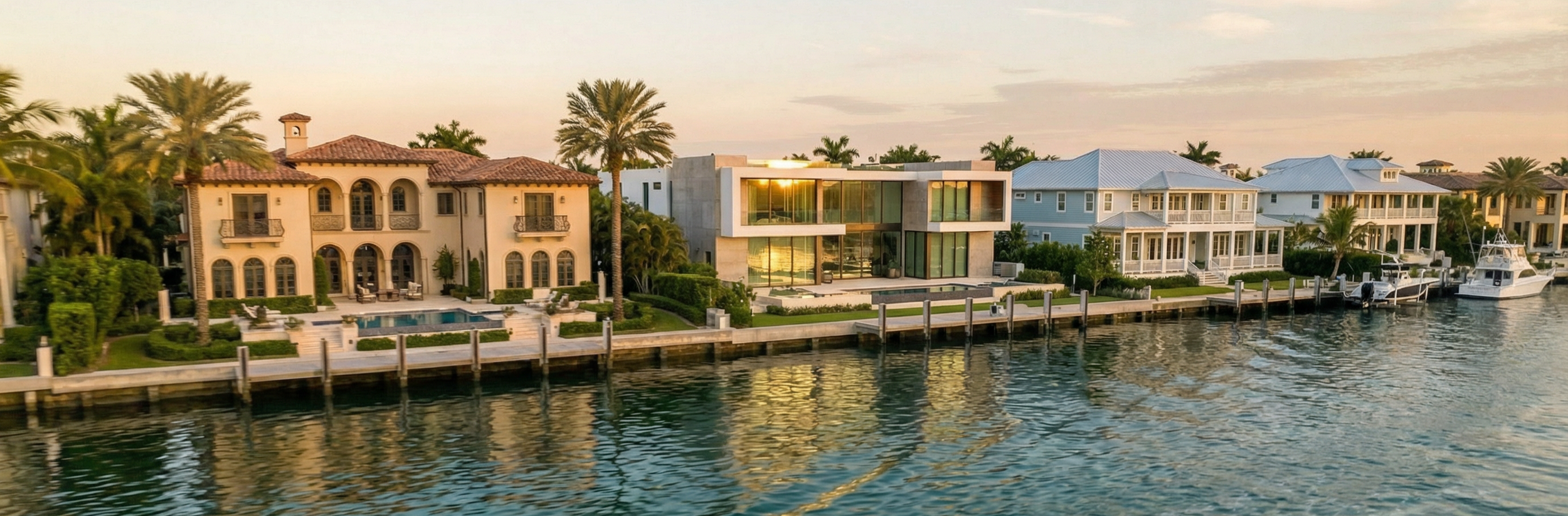 Aerial view of luxury waterfront homes along the South Florida Intercoastal Waterway at sunset with private docks and yachts