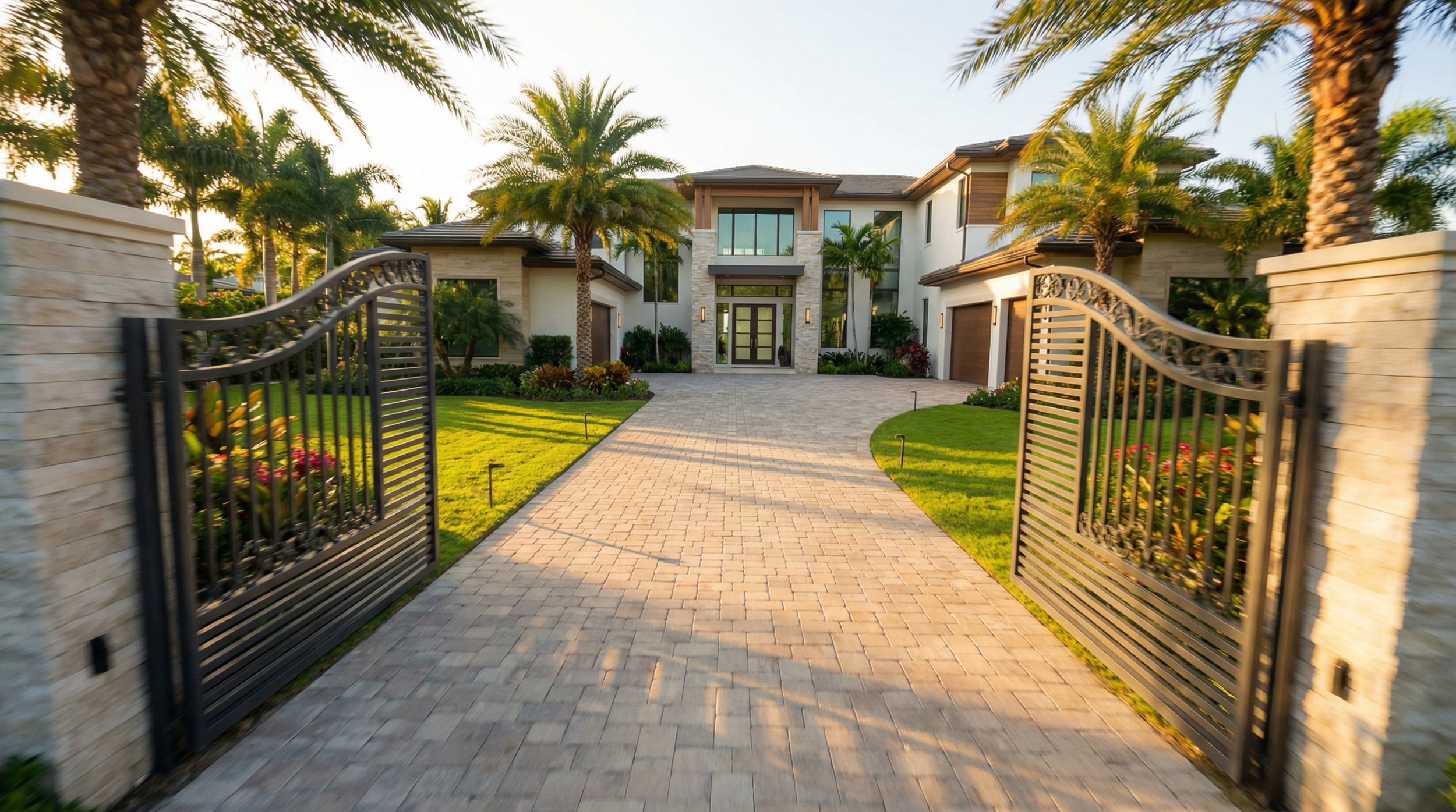 Gated entrance to a luxury South Florida estate with iron gates, palm trees, and manicured landscaping for real estate listing
