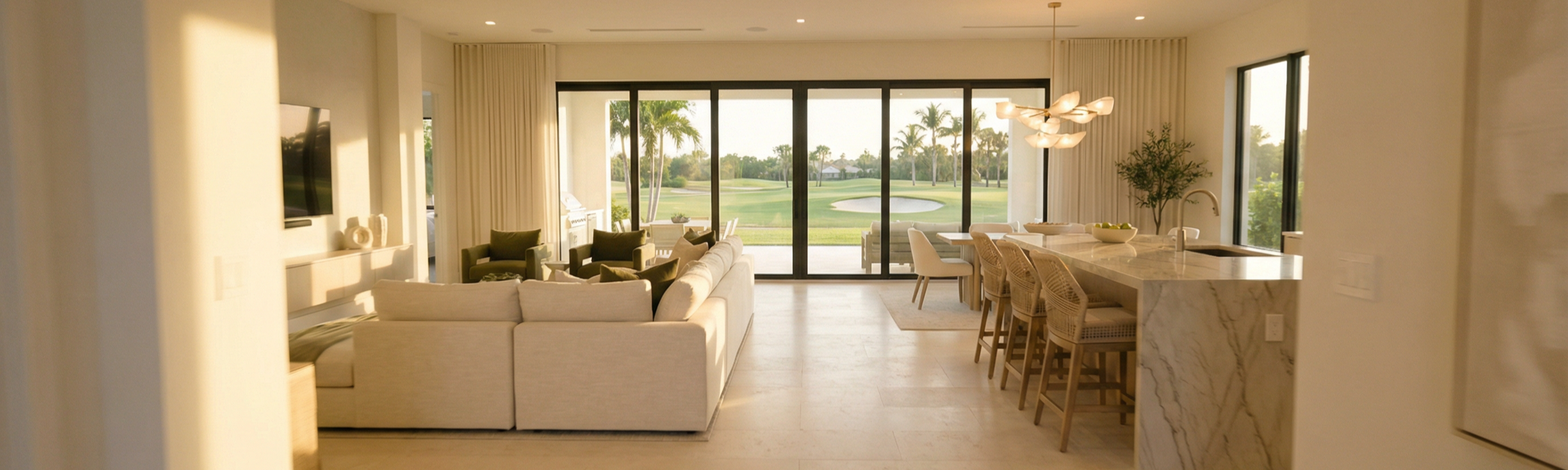 Modern luxury home interior with open floor plan living room and dining area captured by FPV drone walkthrough video