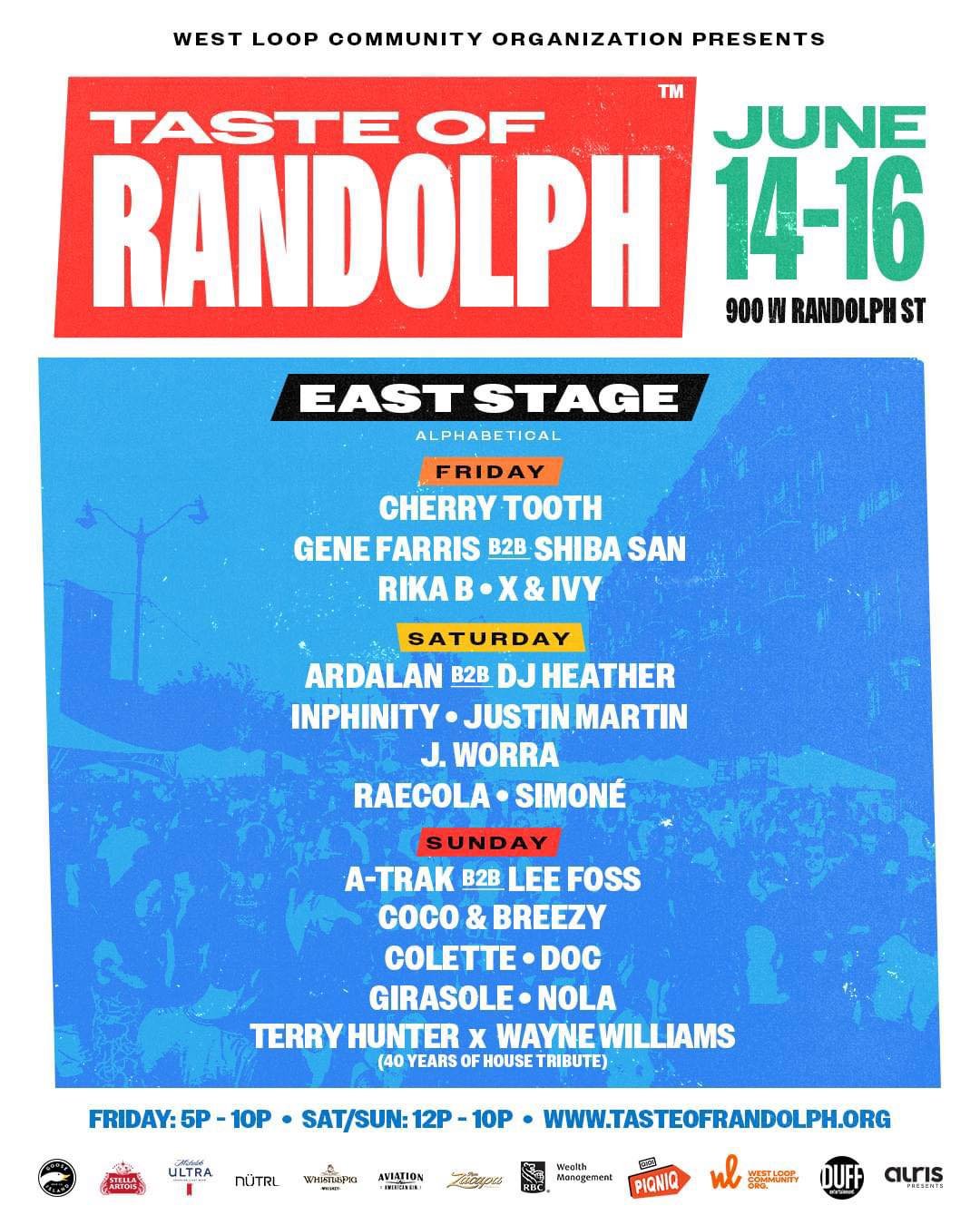 The Taste of Randolph 2024 is only 4 weeks away! Experience the party of the summer in Chicago! ☀️ 

Check out the East Stage lineup below featuring Ardalan b2b DjHeather, A-Trak b2b Lee Foss, Gene Farris b2b Shiba San, Justin Martin , J. Worra, Coco