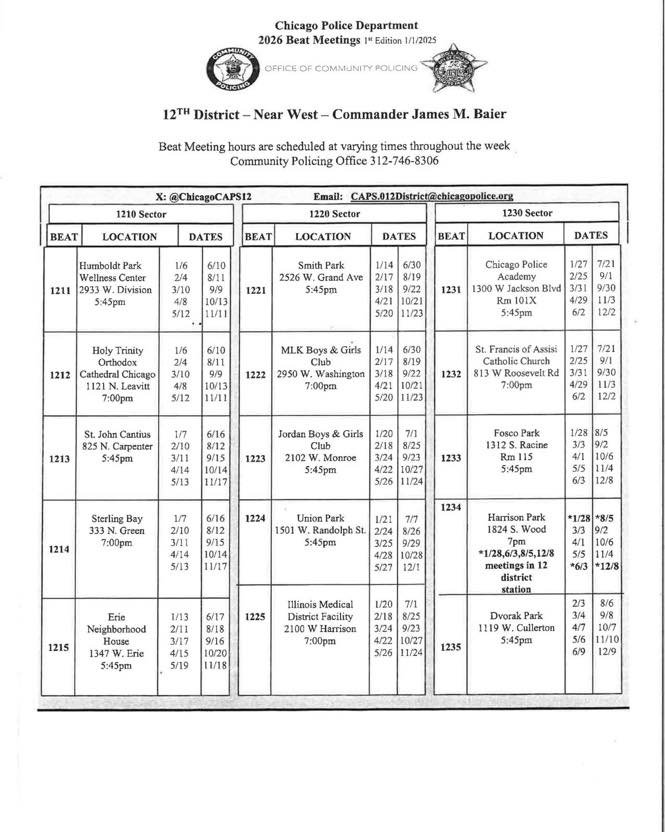📣Beat Meeting Updates

The Chicago Police Department (CPD) has taken your feedback through community conversations and will now be holding monthly beat meetings within the neighborhood of the beat. 

Please note that they will be reducing, if not el