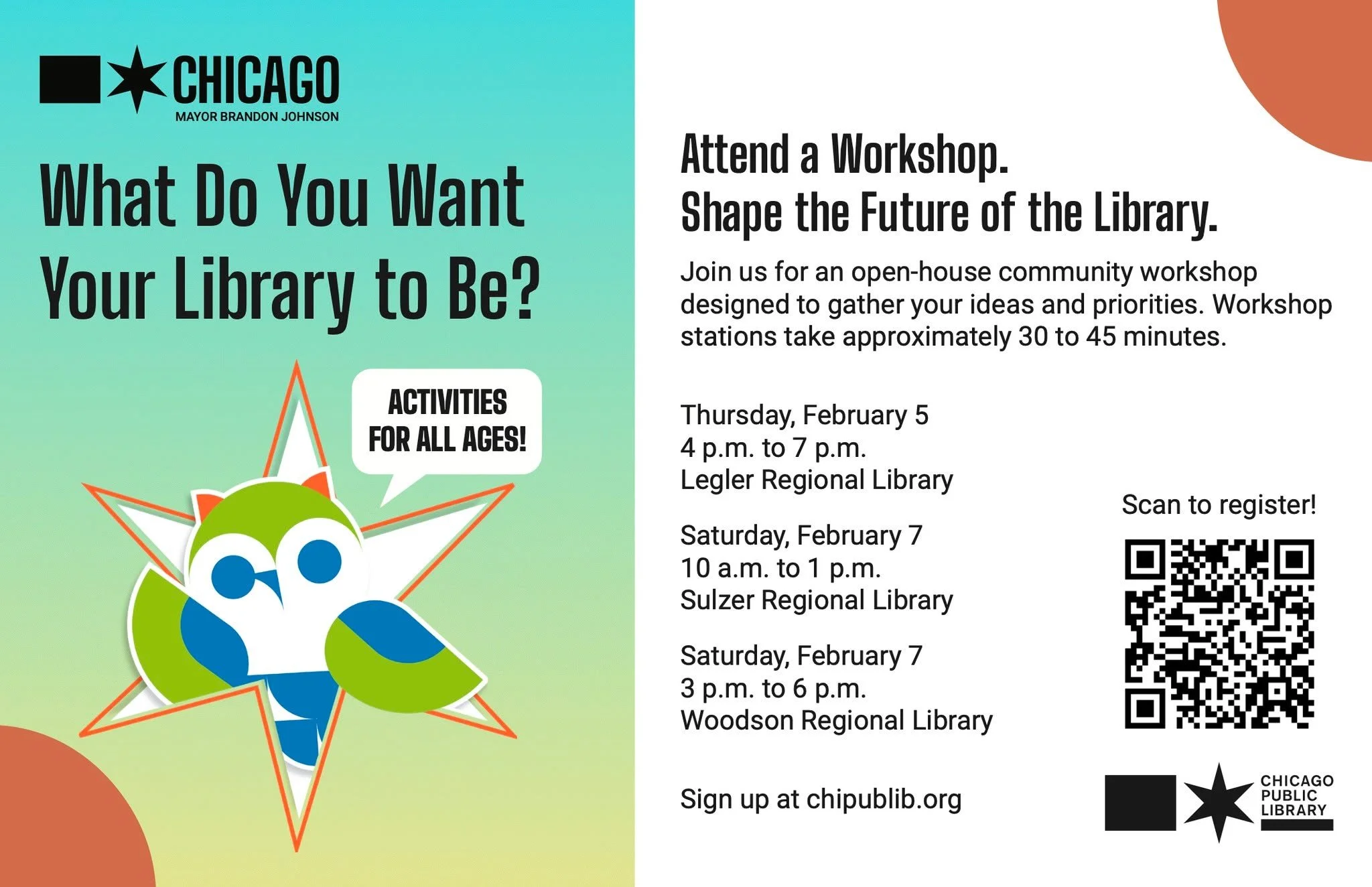Check out these upcoming workshops at @chicagopubliclibrary - three different locations meeting this week.

Please scan the QR code for more information.