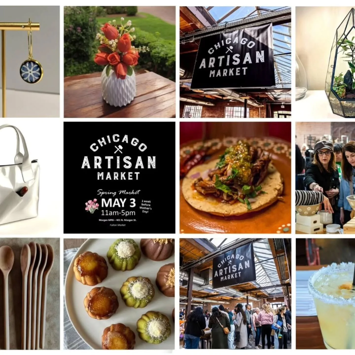 FREE Tickets! Today is a special pre-Mother's Day edition of the&nbsp;Chicago Artisan Market in Fulton Market today&nbsp;at Morgan MFG&nbsp;on&nbsp;Sun, May 3rd (11am-5pm).&nbsp;

The market is indoors, dog-friendly &amp; kid-friendly.&nbsp;

Pick-up