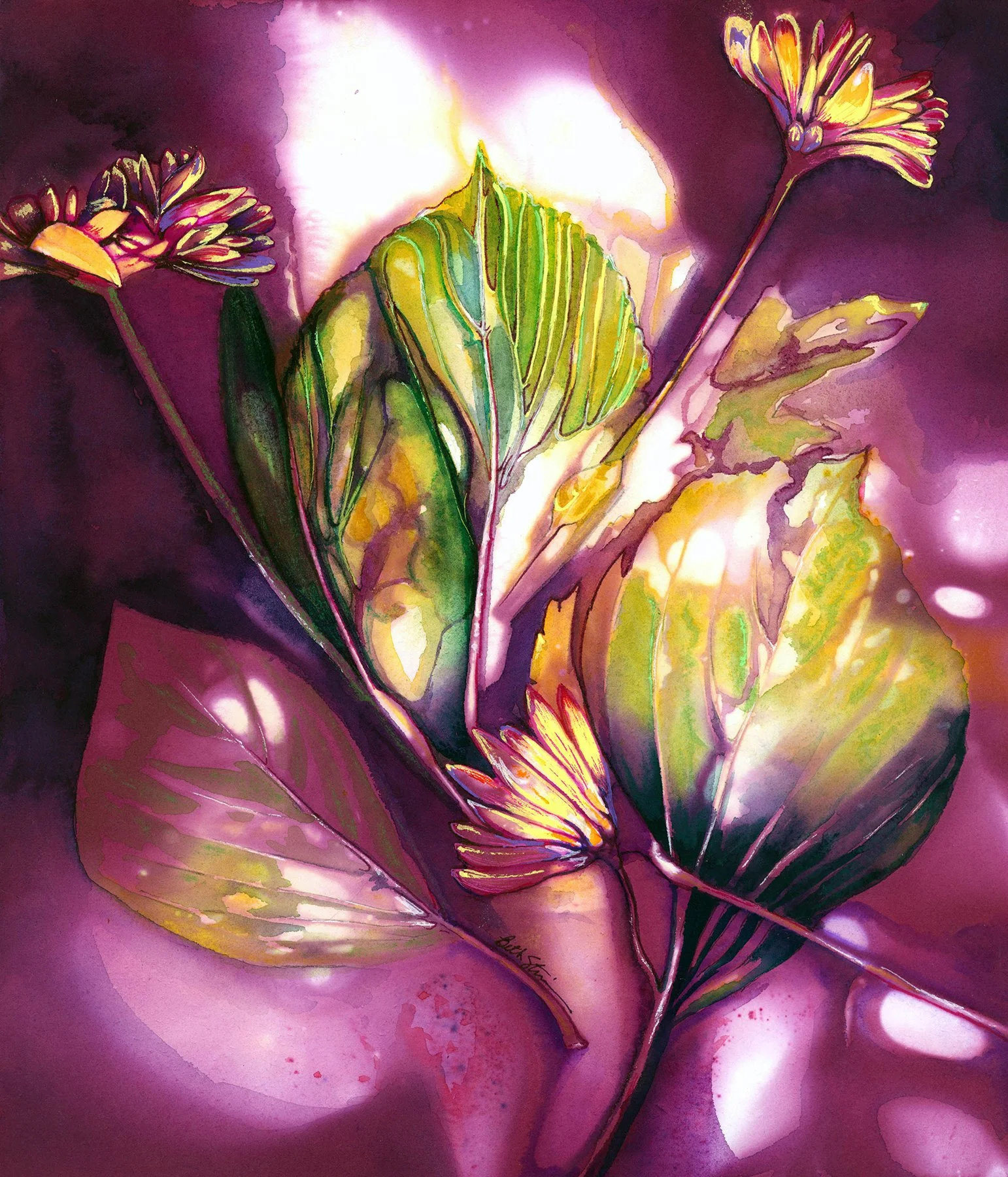 "Twilight Flora" Watercolor, ink, and dye on paper. Award-winning. Image size: 11 in x 9 in. Framed size 15 in. x 16.5 in. $500.00 Copyright 2025 Beth MacNeil Stinson. All rights reserved.