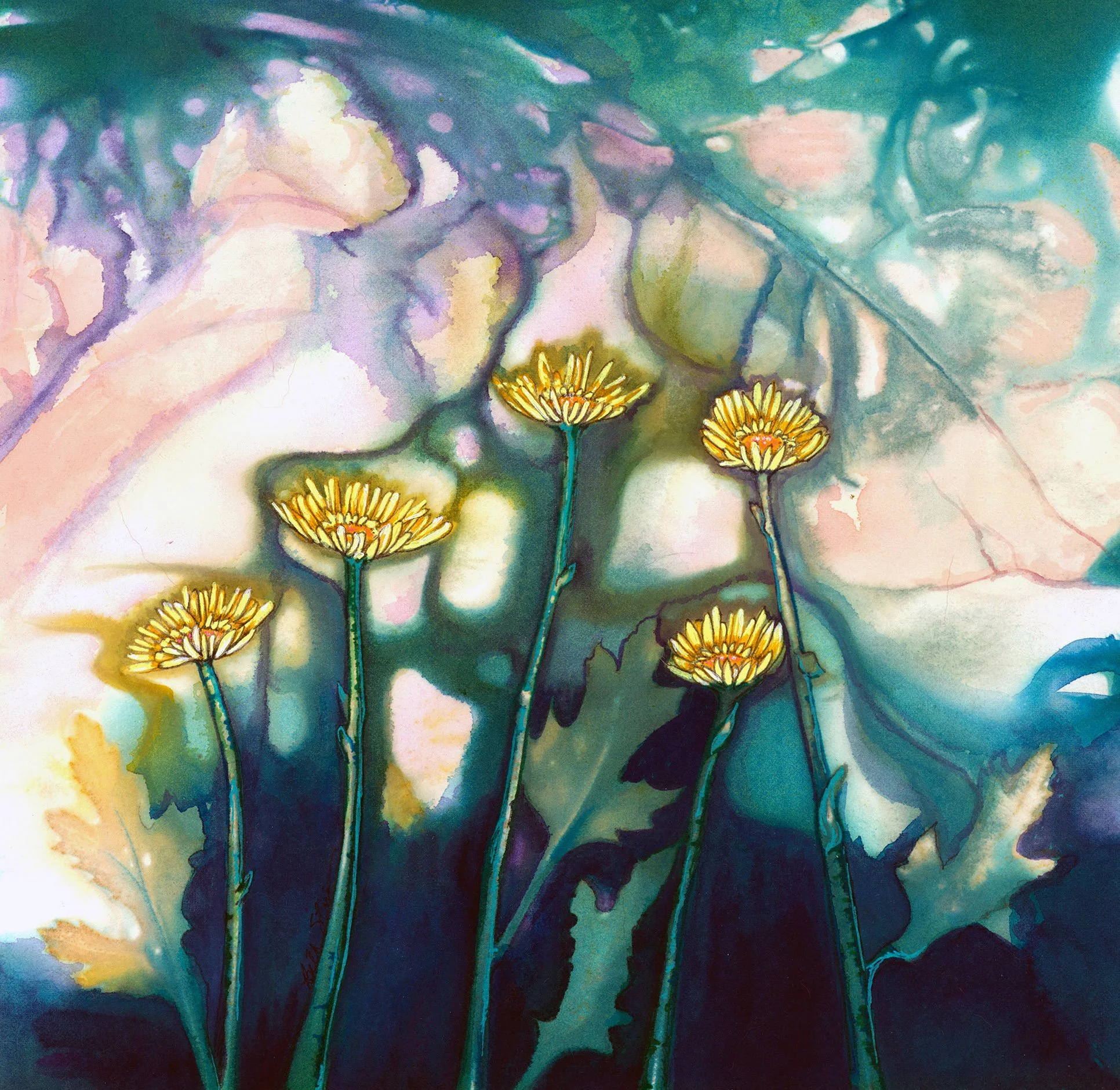 "Flourish" Watercolor, ink, and dye on paper. Award-winning. Image size: 8.5 in x 8.5 in. Framed size 13 in. x 13 in. $350.00 Copyright 2025 Beth MacNeil Stinson. All rights reserved.