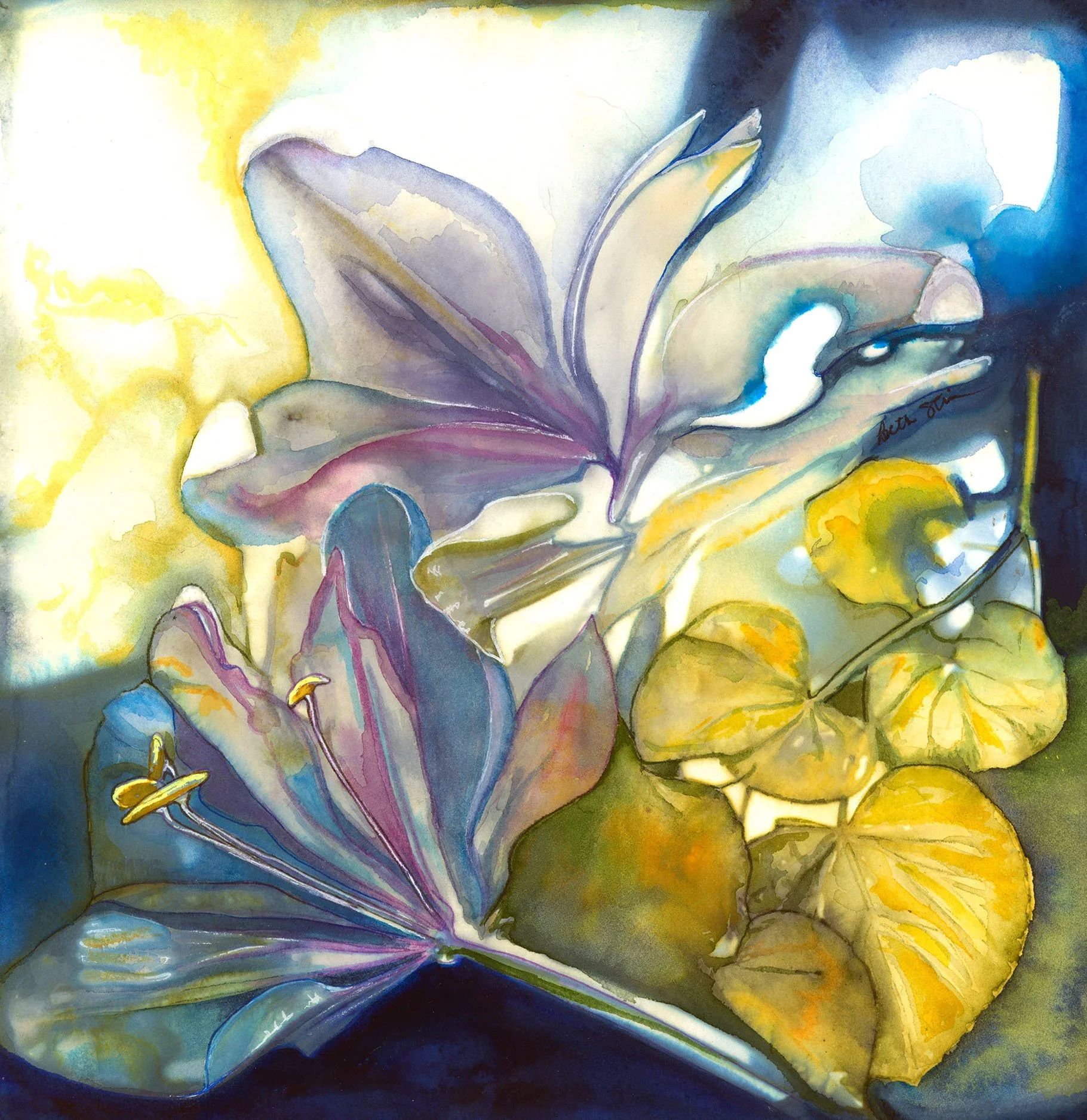 "Lilies Resting" Watercolor, ink, and dye on paper. Image size: 8.5 in x 8.5 in. Framed size 13 in. x 13 in. $350.00 Copyright 2025 Beth MacNeil Stinson. All rights reserved.