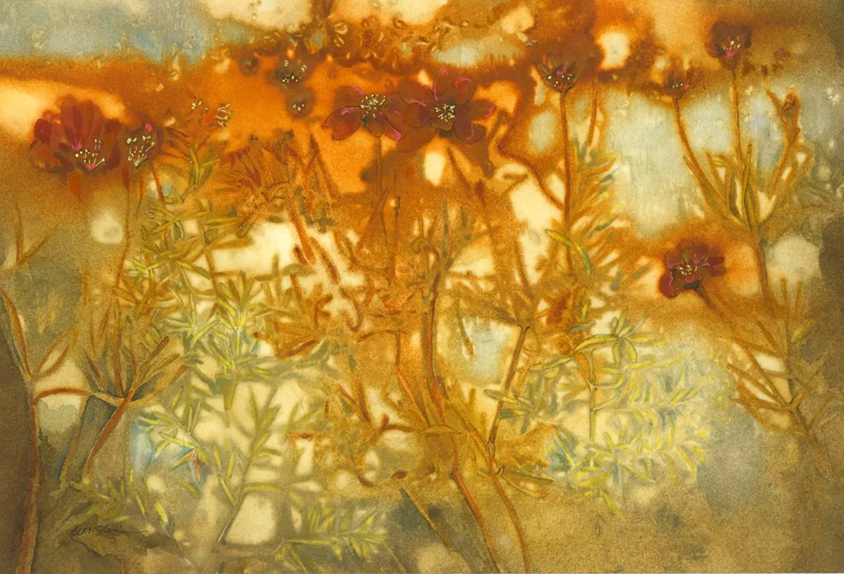"Fire Flowers" Watercolor, ink, and dye on paper. Image size: 7 in x 10 in. Framed size 12 in. x 15 in. $325.00 Copyright 2026 Beth MacNeil Stinson. All rights reserved.