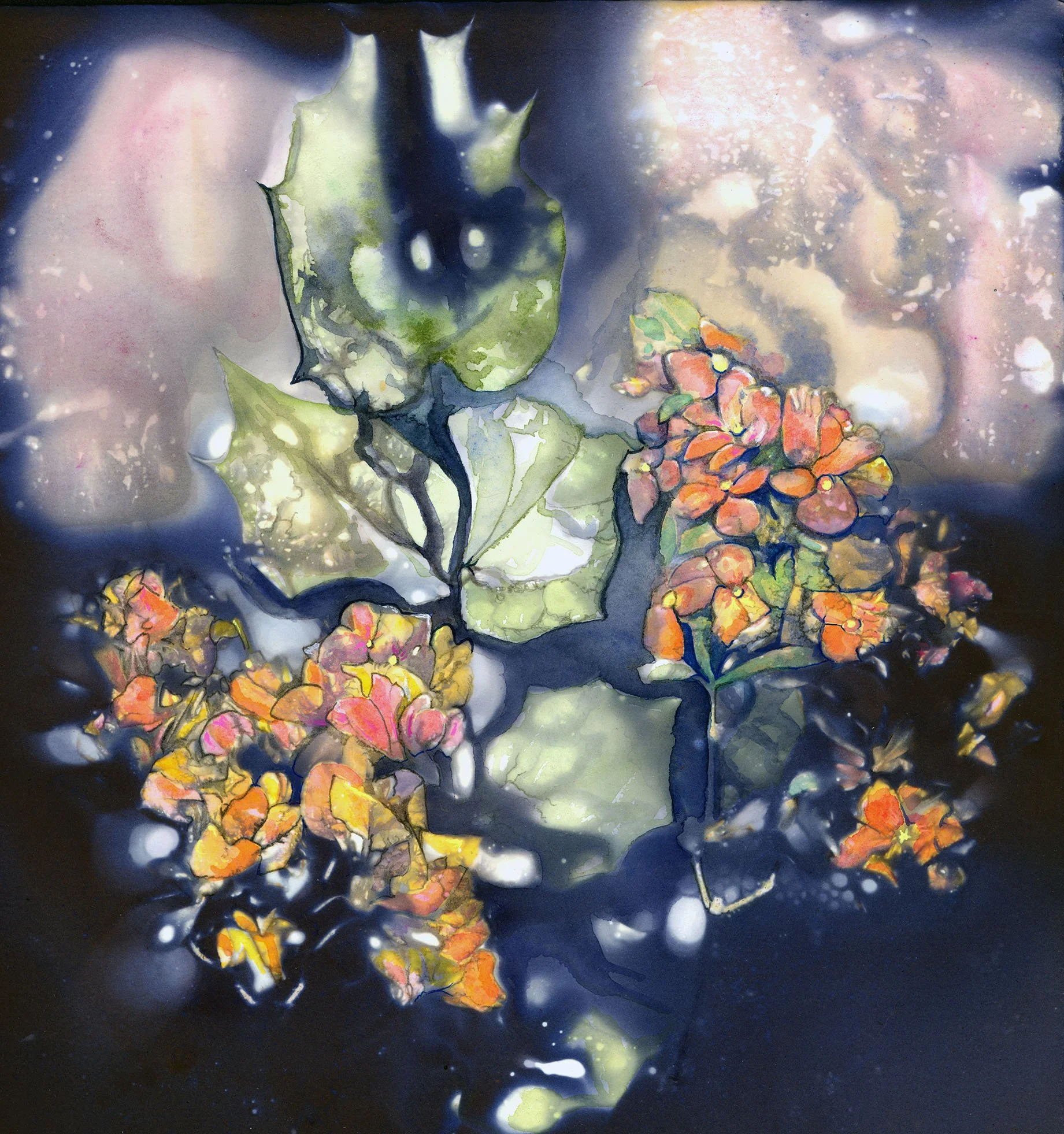 "Flowers Dreaming" Watercolor, ink, and dye on paper. Image size: 8.5 in x 9.5 in. Framed size 13.5 in. x 14.5 in. $400.00 Copyright 2025 Beth MacNeil Stinson. All rights reserved.
