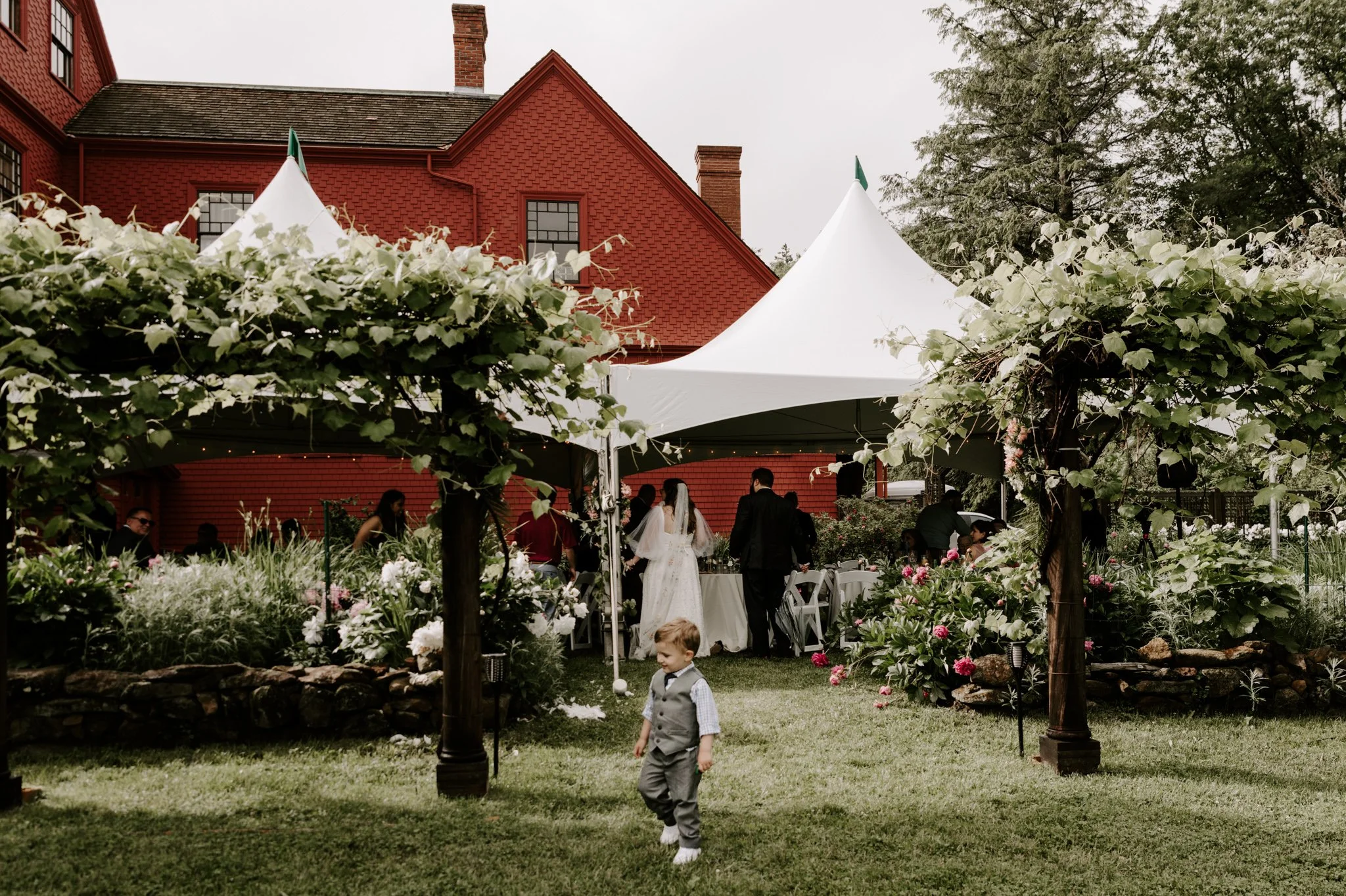 A young boy in a gray vest and pants walks on a lawn in front of a decorated outdoor wedding reception area with white tents, seated guests, and a red house in the background.