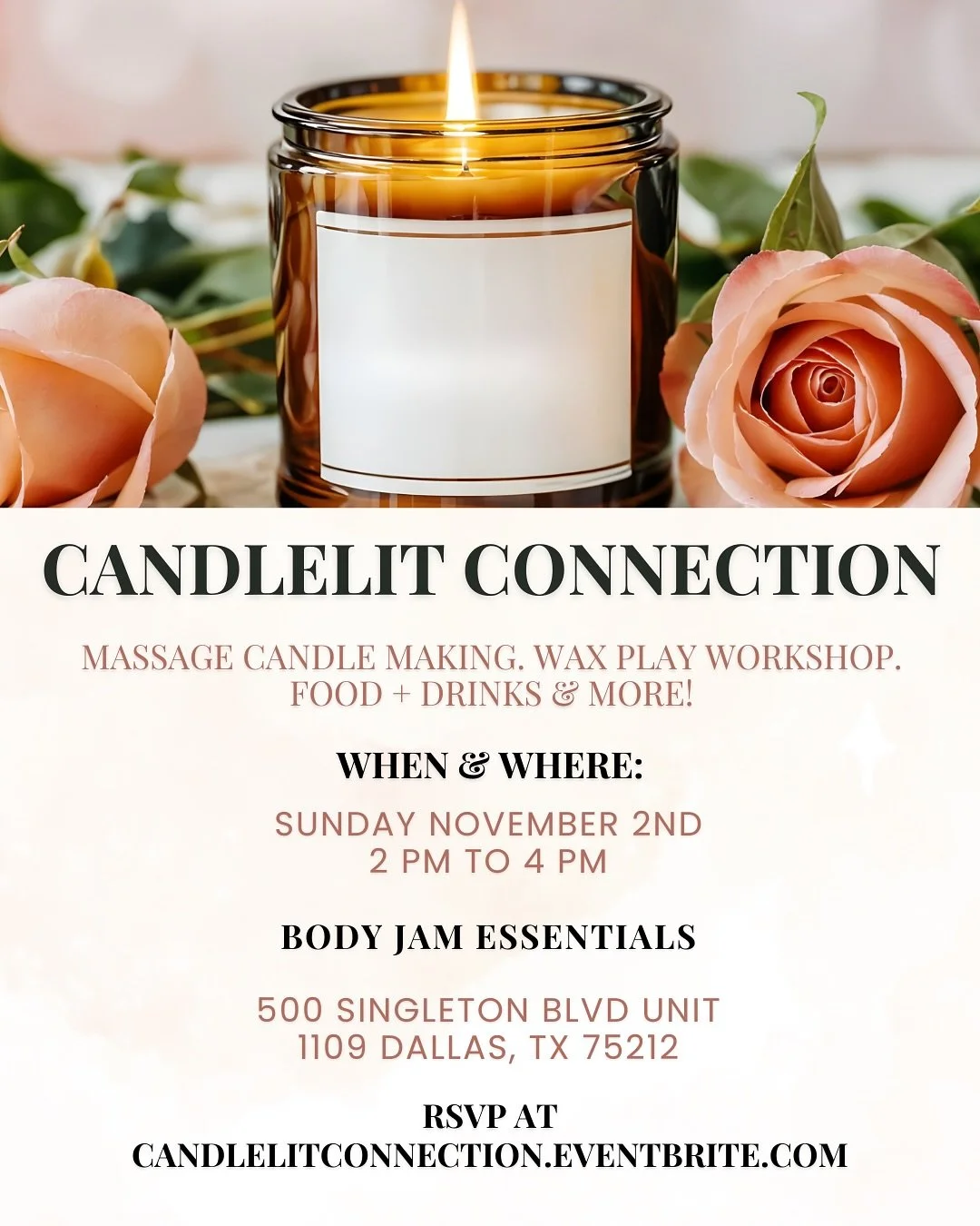 ✨Craft. Connect. Melt away stress.✨

We&rsquo;re bringing you a one-of-a-kind workshop that blends creativity, wellness, and intimacy. 🌿🕯️

In this cozy, community-centered class, you&rsquo;ll craft your very own massage candles and learn simple te