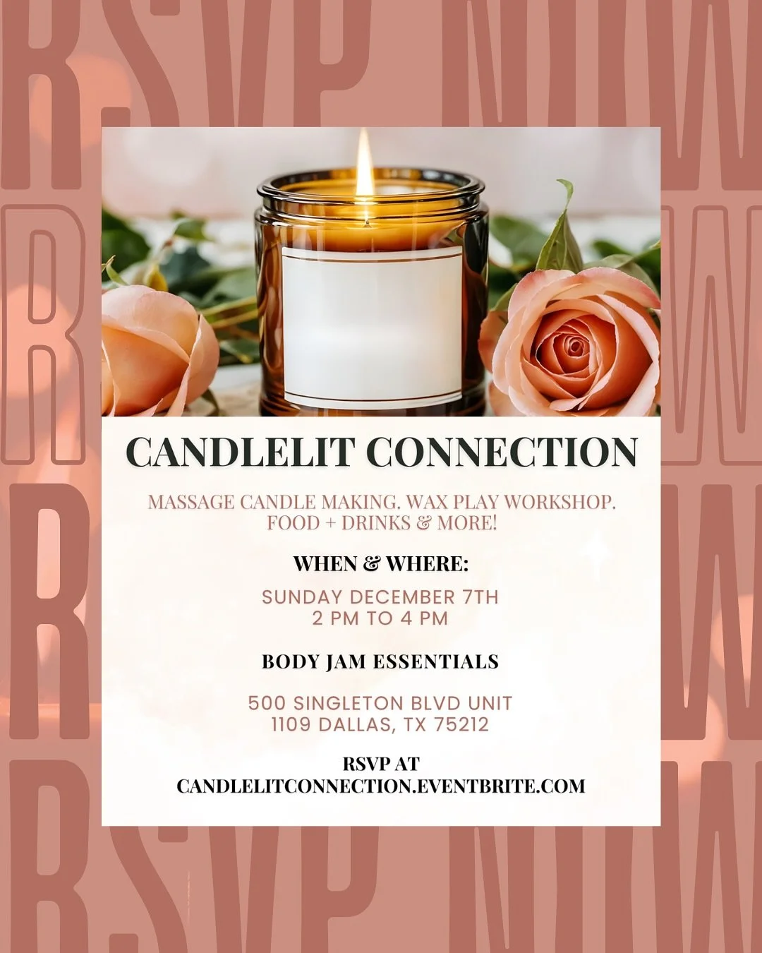 New date, same vibe✨

Our Candlelit Connection Workshop will now be held on Dec 7th

From this one of kind wellness experience, you&rsquo;ll get:

🕯️Hands-on candle making with @candlelitexperience 
🔥Learn the art &amp; safety of wax play with @bre