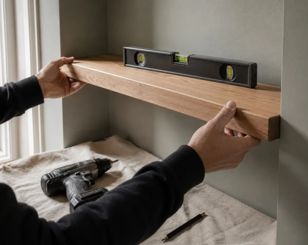 Person installing a wooden shelf on a wall with a level tool placed on the shelf.