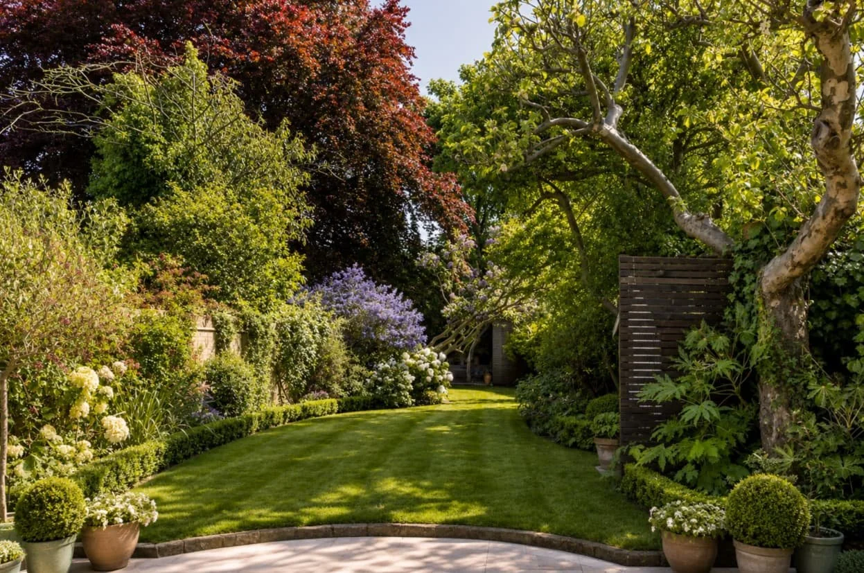 A lush, green backyard garden with a manicured lawn, potted plants, and a variety of flowering trees and bushes, with a shaded seating area in the distance.