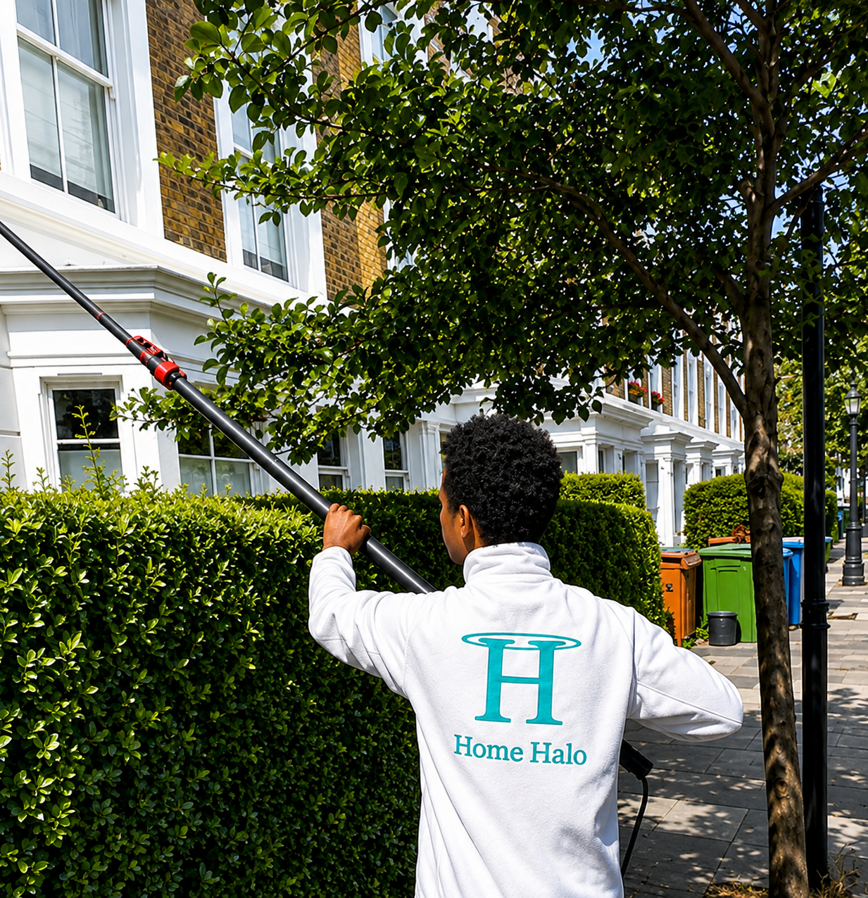 A person wearing a white hoodie with 'Home Halo' logo is trimming a tall hedge with a pole hedge trimmer on a city sidewalk.