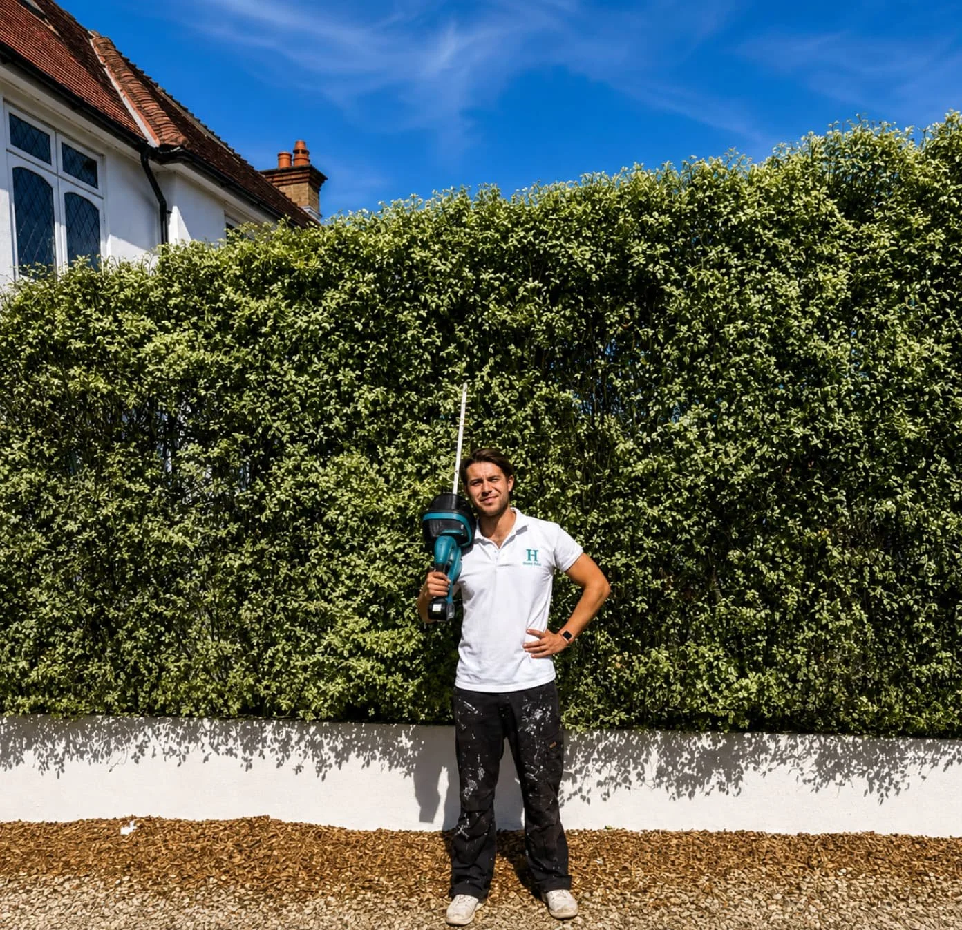 Garden maintenance in Balham: Home Halo gardener with a hedge trimmer beside a freshly cut hedge