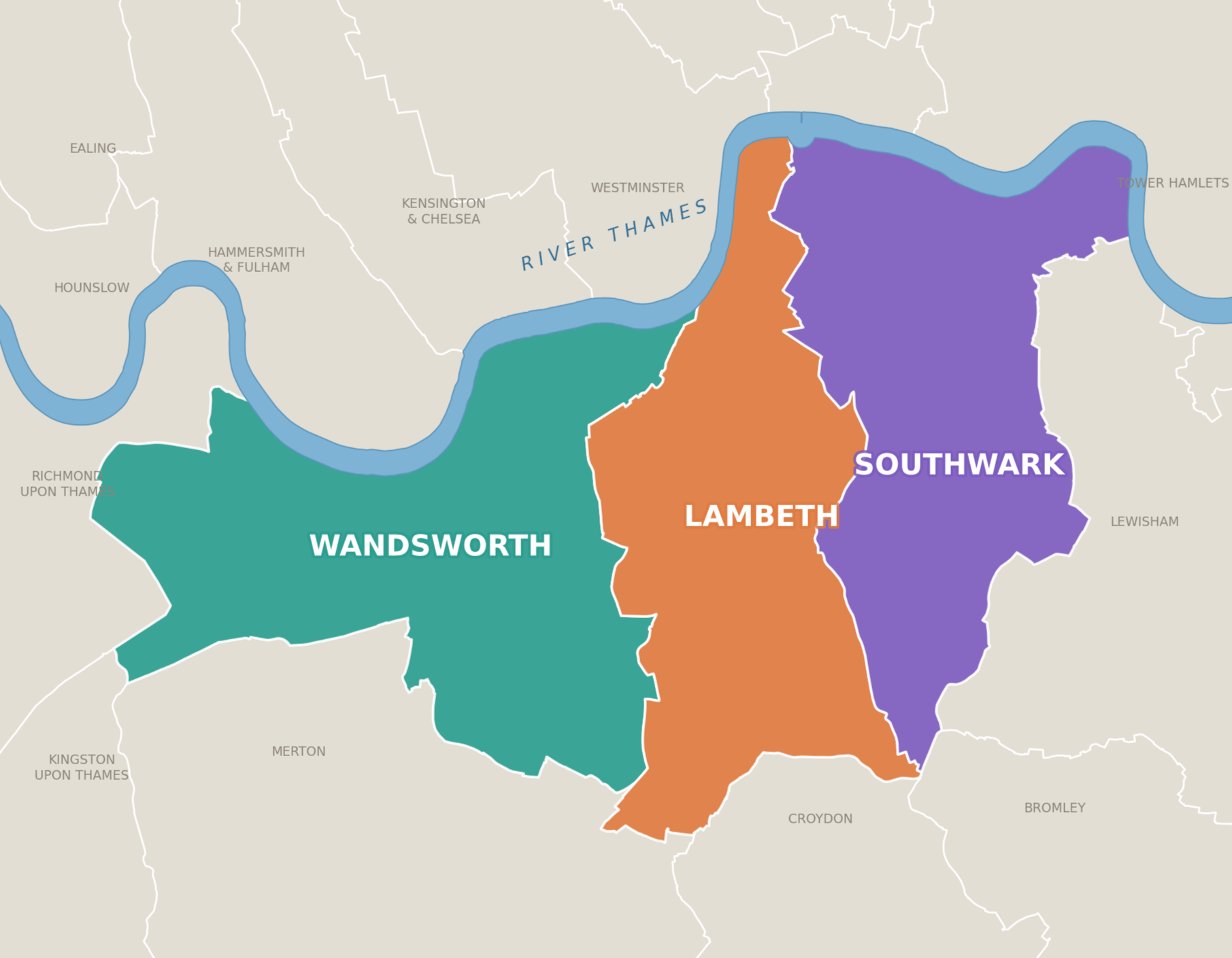 Map of central London showing districts Wandsworth, Lambeth, Southwark, and parts of neighboring districts.