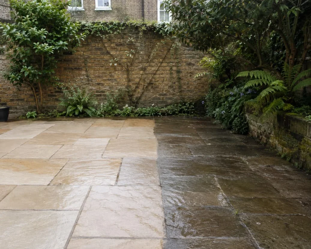 A wet stone patio with a brick wall and green plants, including ferns and small bushes, in the background.