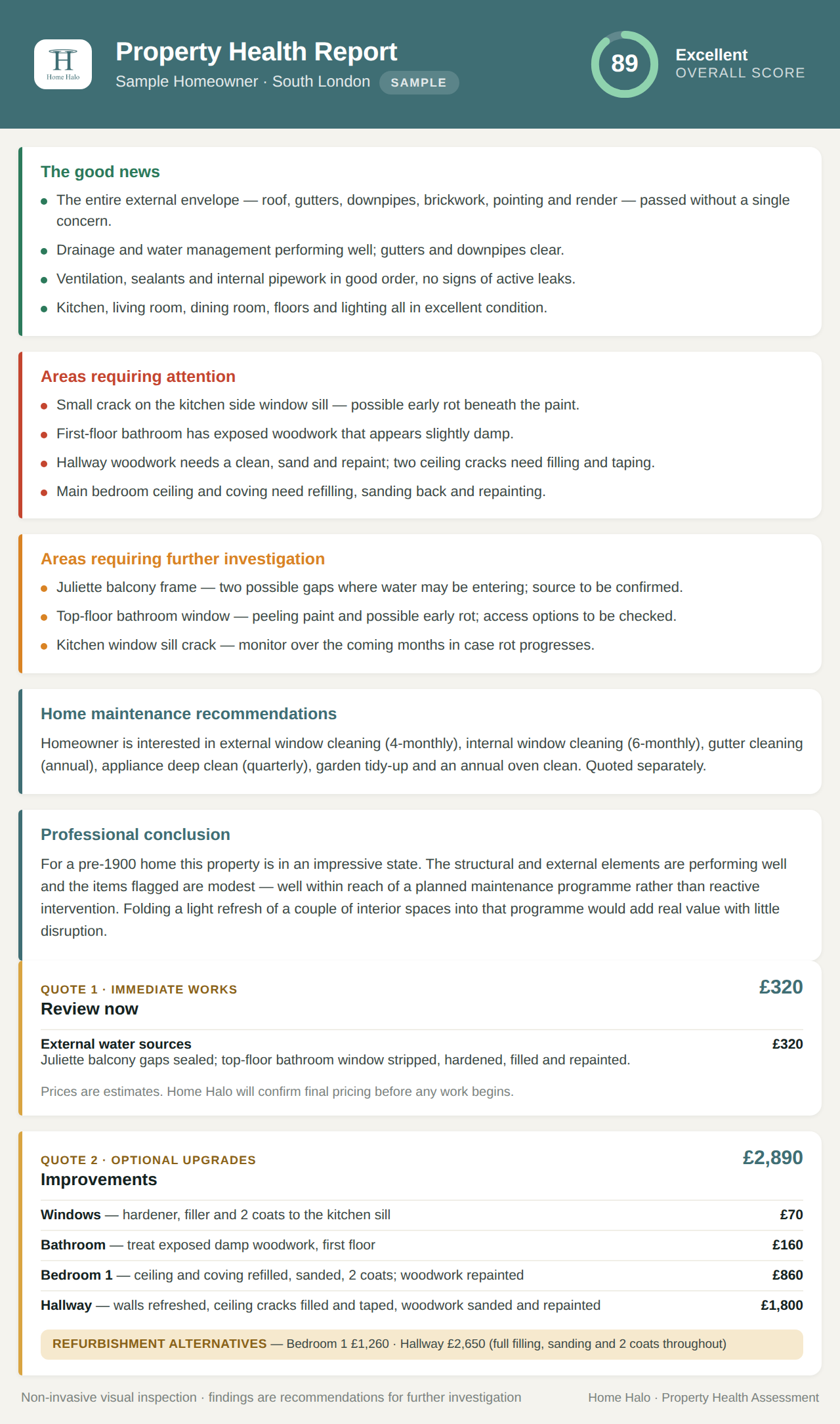 Sample property health report showing scores, comments, and estimates for external and internal window and wall repairs, structural updates, and upgrades for a property in South London.
