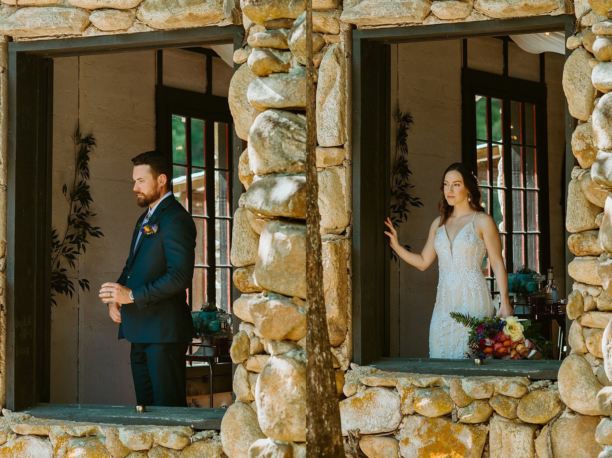 Couple stares out of the window at Black Mountain Beach Resort before their elopement