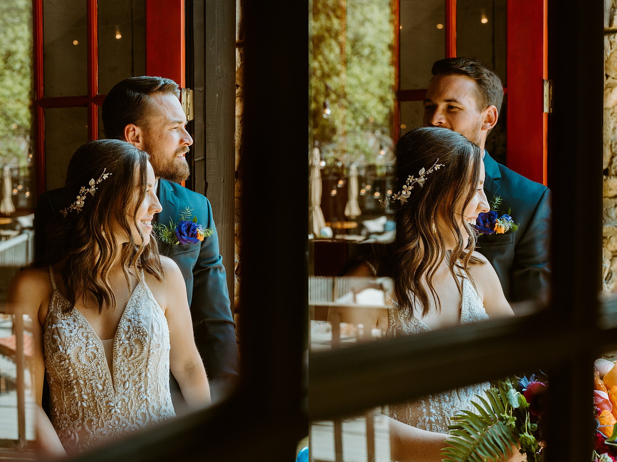 What is an elopement? Couple stands together looking out a window at Black Mountain Beach Resort