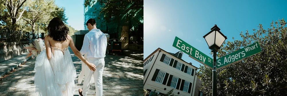 Couple walks along the streets in downtown Charleston as they head to Rainbow Row