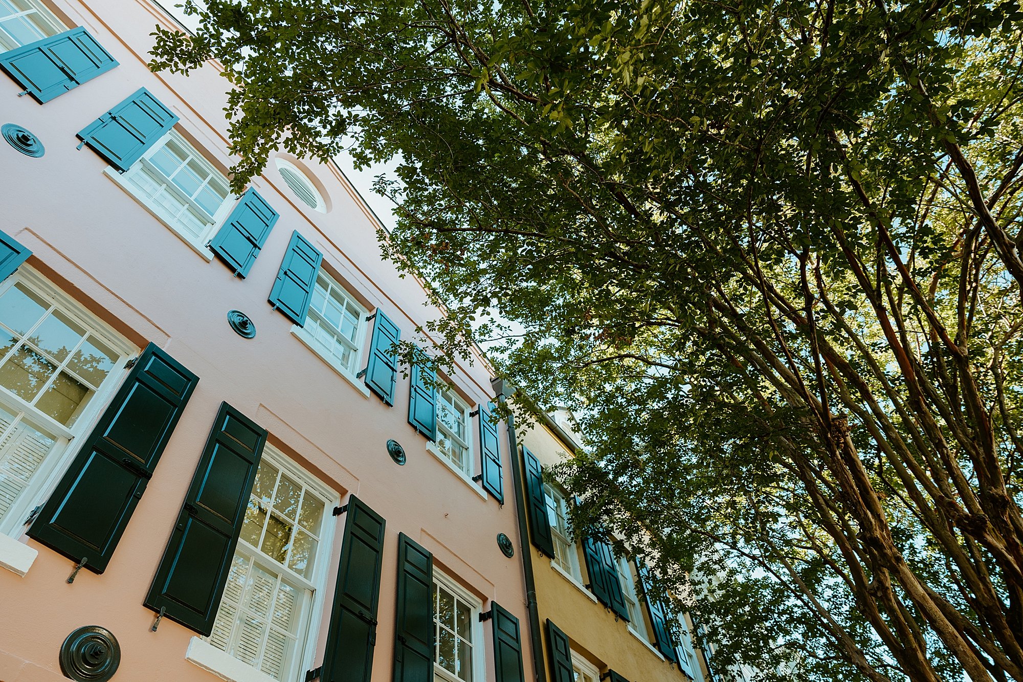 Historic pink house on Rainbow Row in Charleston SC