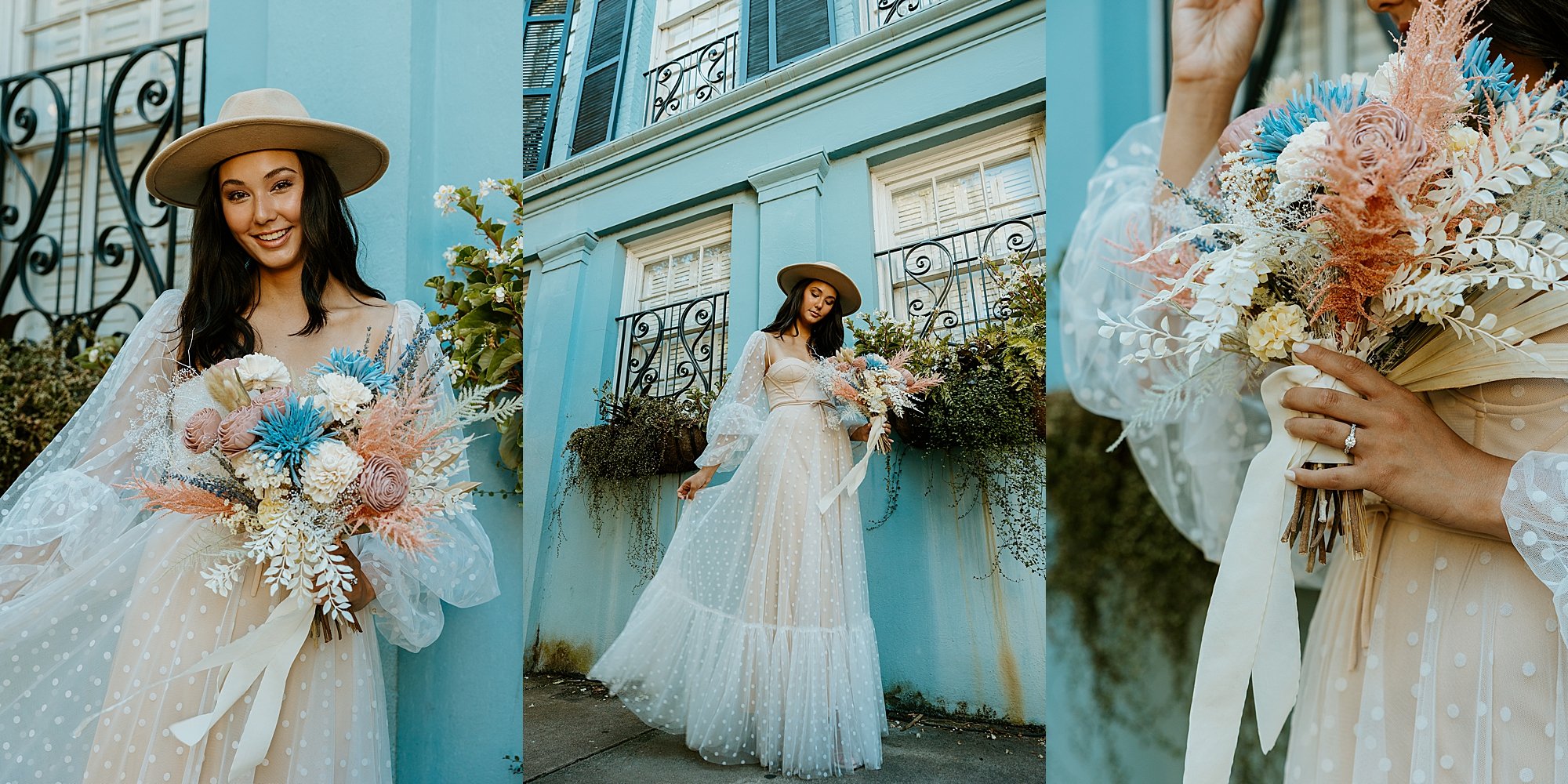 Bridal portraits among the colorful Rainbow Row houses in Charleston SC before her elopement