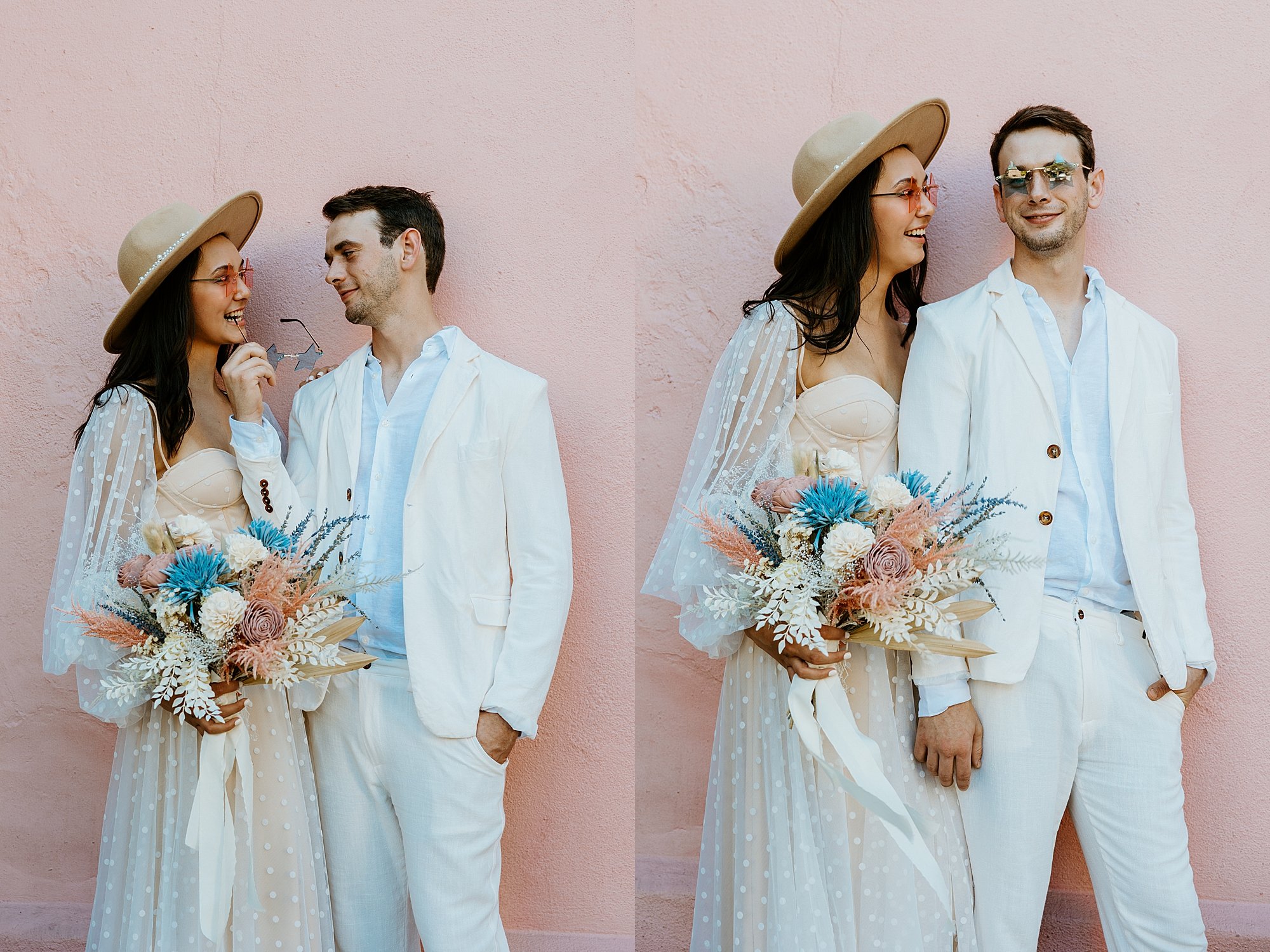 Couple stands together in front of a pink wall on Rainbow Row making cute faces at each other