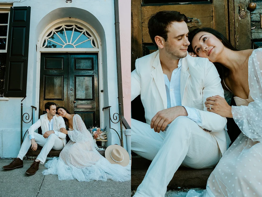 Couple sits together on a door step of a blue house on Rainbow Row in Charleston SC before they head to the beach to elope