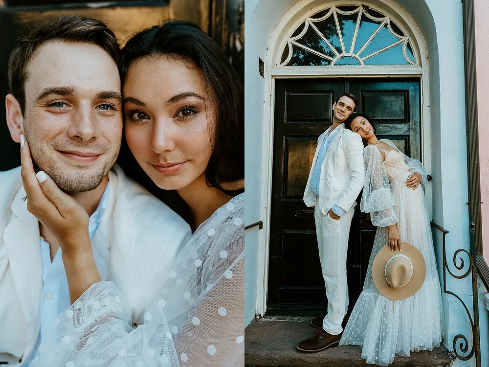 Couple poses together on a doorstep of a blue house on Rainbow Row