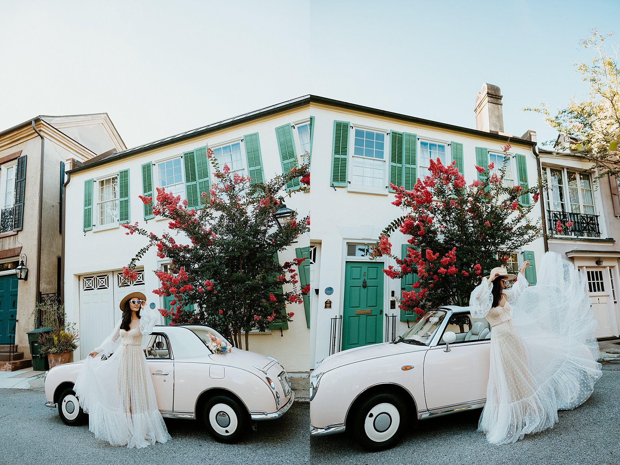 Bride stands in front of The Pink Figgy car as she poses in her wedding dress.