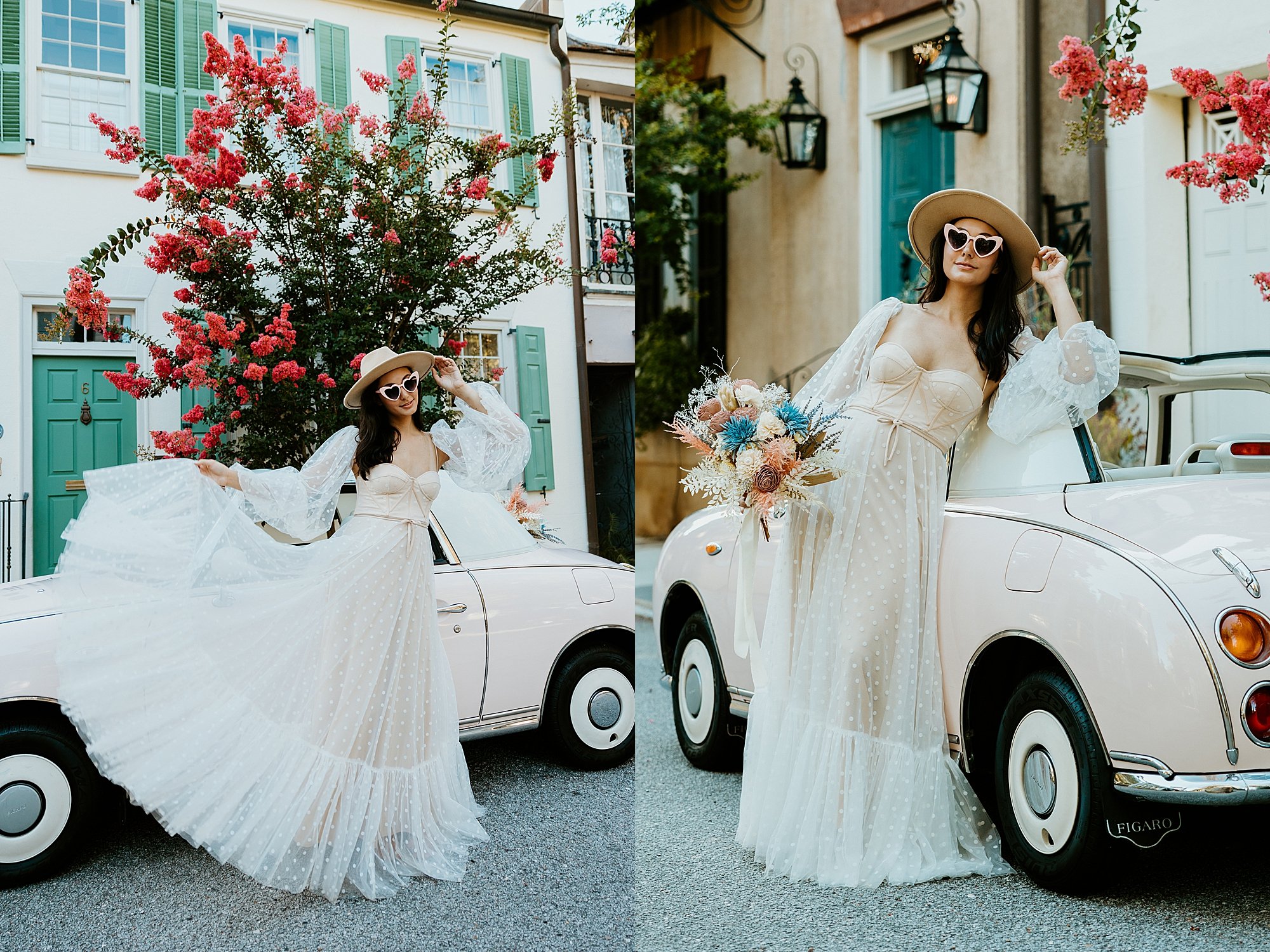Bride is posing in front of The Pink Figgy car in downtown Charleston SC before she heads to the beach to elope.