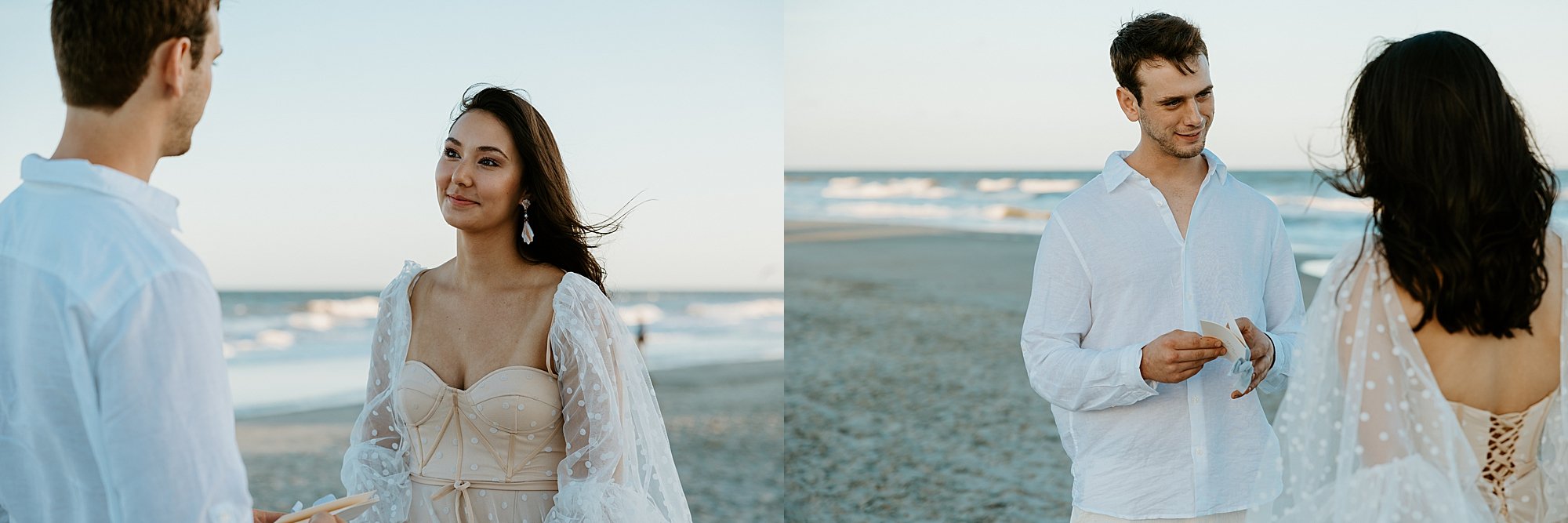 How to elope in Charleston SC - couple shares their vows together on the beach at sunset.