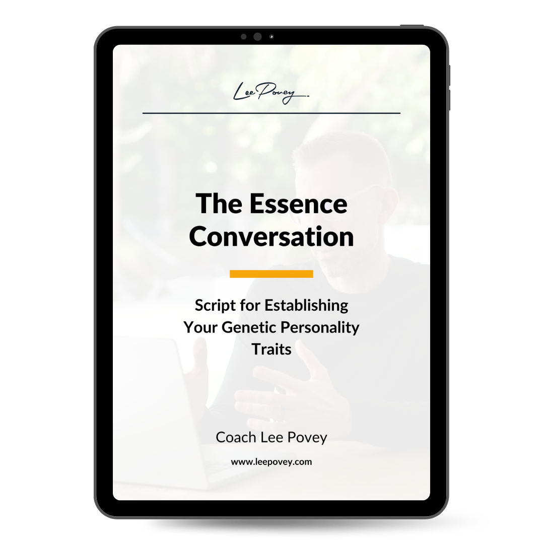 Cover of an eBook titled 'The Essence Conversation' by Coach Lee Povey, about establishing your genetic personality traits, displayed on a tablet.