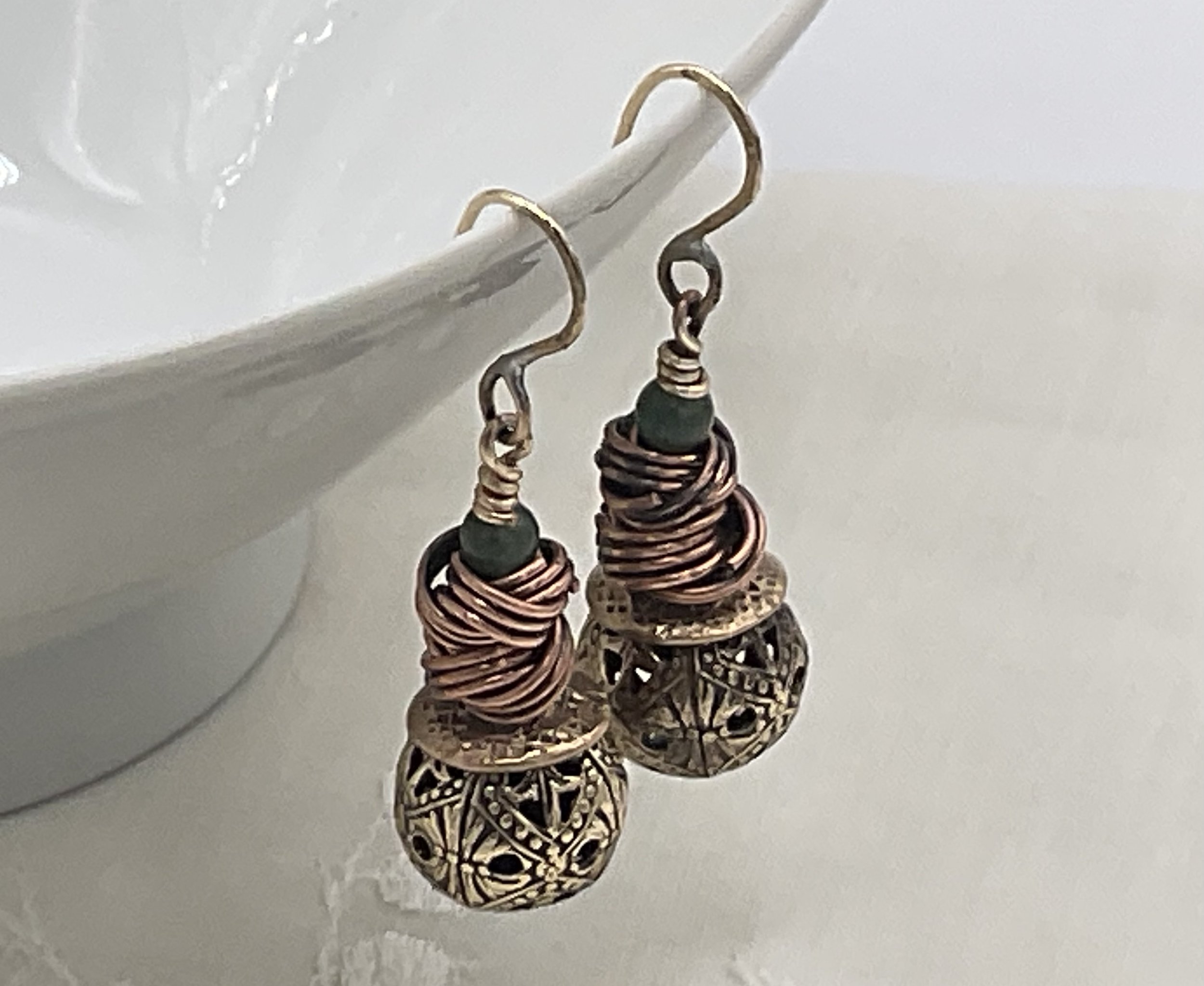 Handcrafted Earrings designed with Antique Openwork Brass Ball Buttons, Copper Danish Love Knots, and Jade Beads