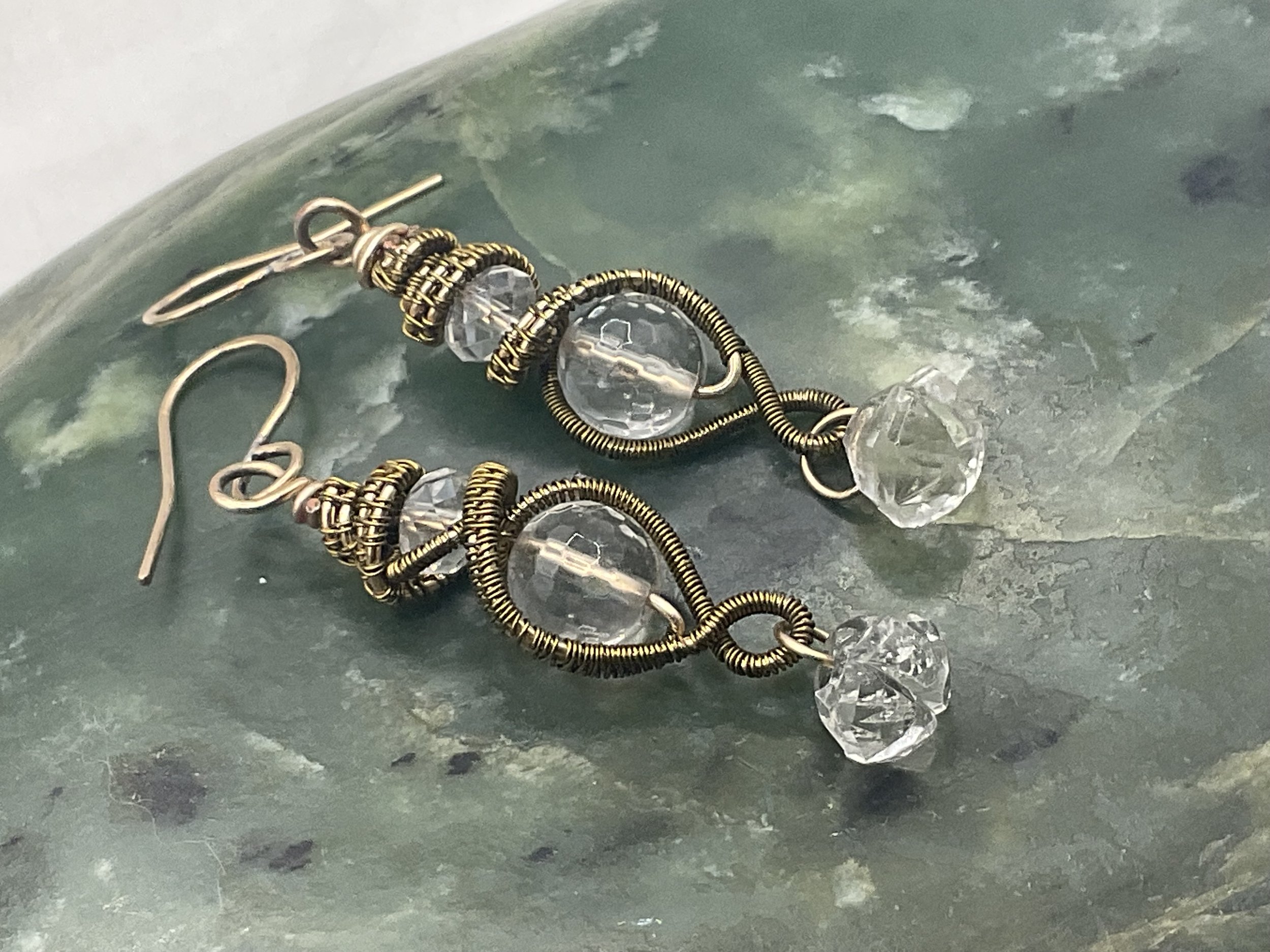 Handcrafted Earrings designed with Wire Weaving around Faceted Quartz Crystal Beads and Tiny Vintage Clear Glass Button