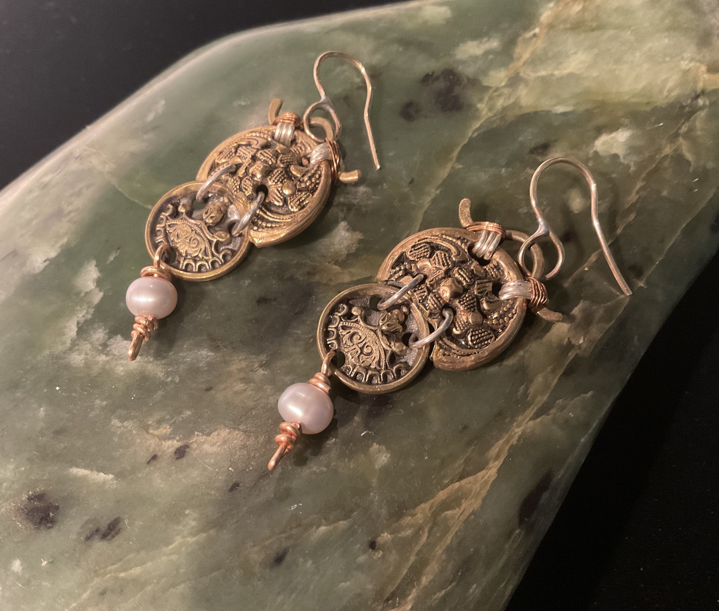Earrings Designed with a Flair For Ancient China Done with Gold Toned Vintage and Antique Metal Buttons and Fresh Water Pearls
